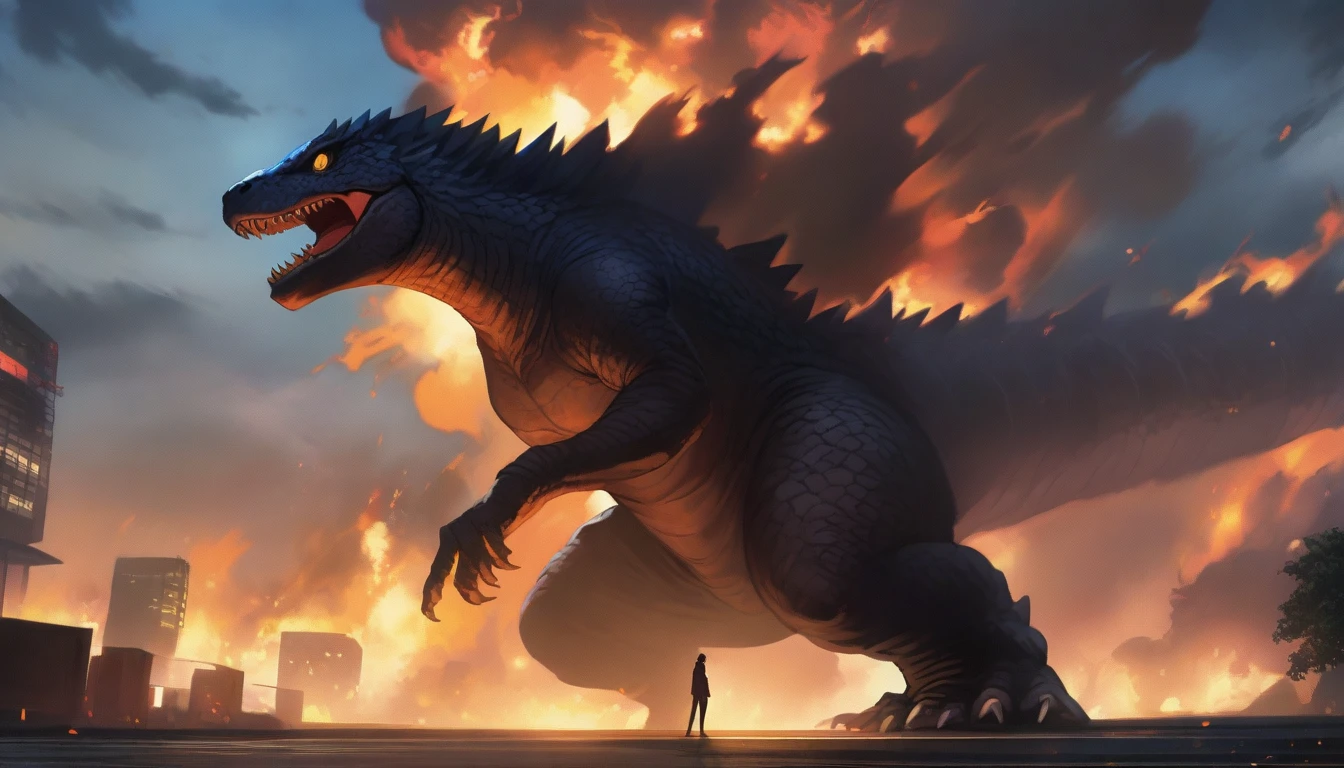 masterpiece, best quality, very aesthetic, cloudy daylight,
GodzillaXP, monster, godzilla,  full body shot from side, looking at the viewer, blue eyes, yellow spines, 
in city center, fire, explosion,
