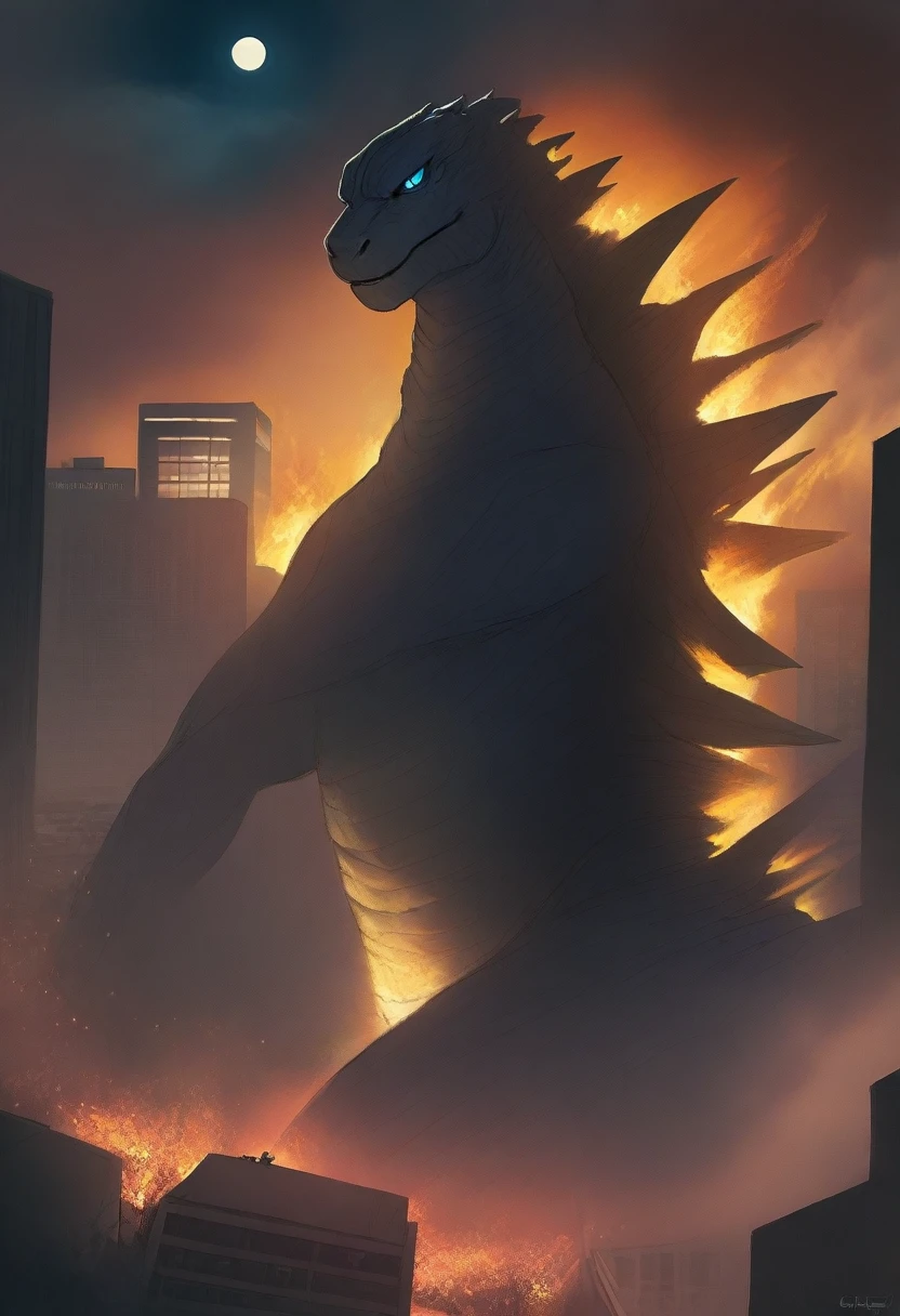 masterpiece, best quality, very aesthetic, cloudy daylight,
GodzillaXP, monster, godzilla,  full body shot from side, looking at the viewer, blue eyes, yellow spines, 
in city center, fire, explosion,