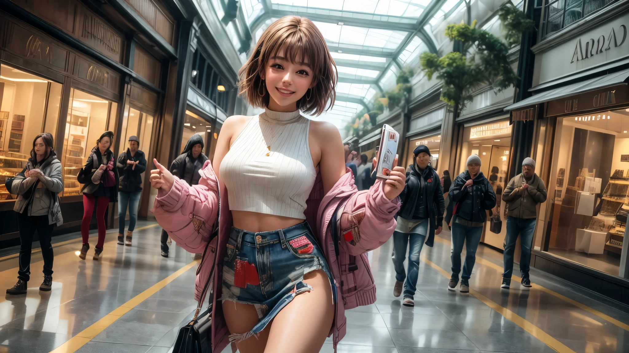 (best quality,4k,8k,highres,masterpiece:1.2),ultra-detailed, College Girl shopping in a mall, strutting her stuff, Smiling and laughing, Flirting with the viewer, HDR, 8k, absurdres, cinestill 800, sharp focus, add_detail:3 (solo woman) Hamamao