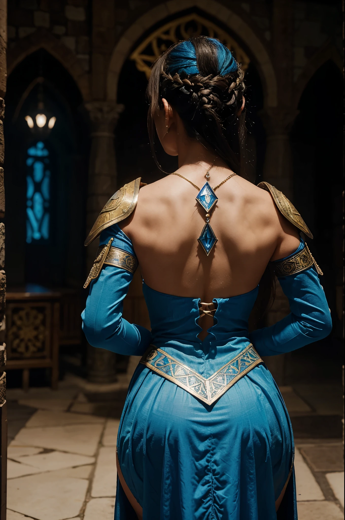 Mulher RPG medieval.
Traje detalhado com base escura e designs em azul e dourado.
Wing-like structures with blue lighting on the back.
Adornos dourados estrategicamente posicionados.
