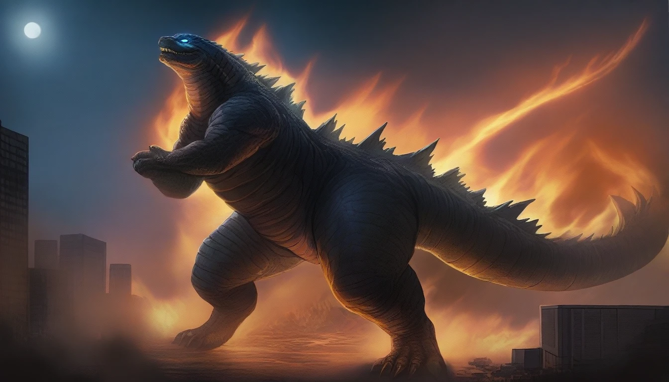 masterpiece, best quality, very aesthetic, cloudy moonlight,
monster, godzilla, full body shot from side, looking at the viewer, blue eyes, yellow spines,
in city center, fire, explosion,