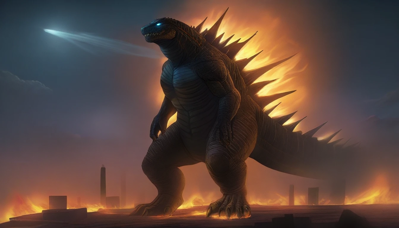masterpiece, best quality, very aesthetic, cloudy moonlight,
monster, godzilla,  full body shot from side, looking at the viewer, blue eyes, yellow spines, 
in city center, fire, explosion,