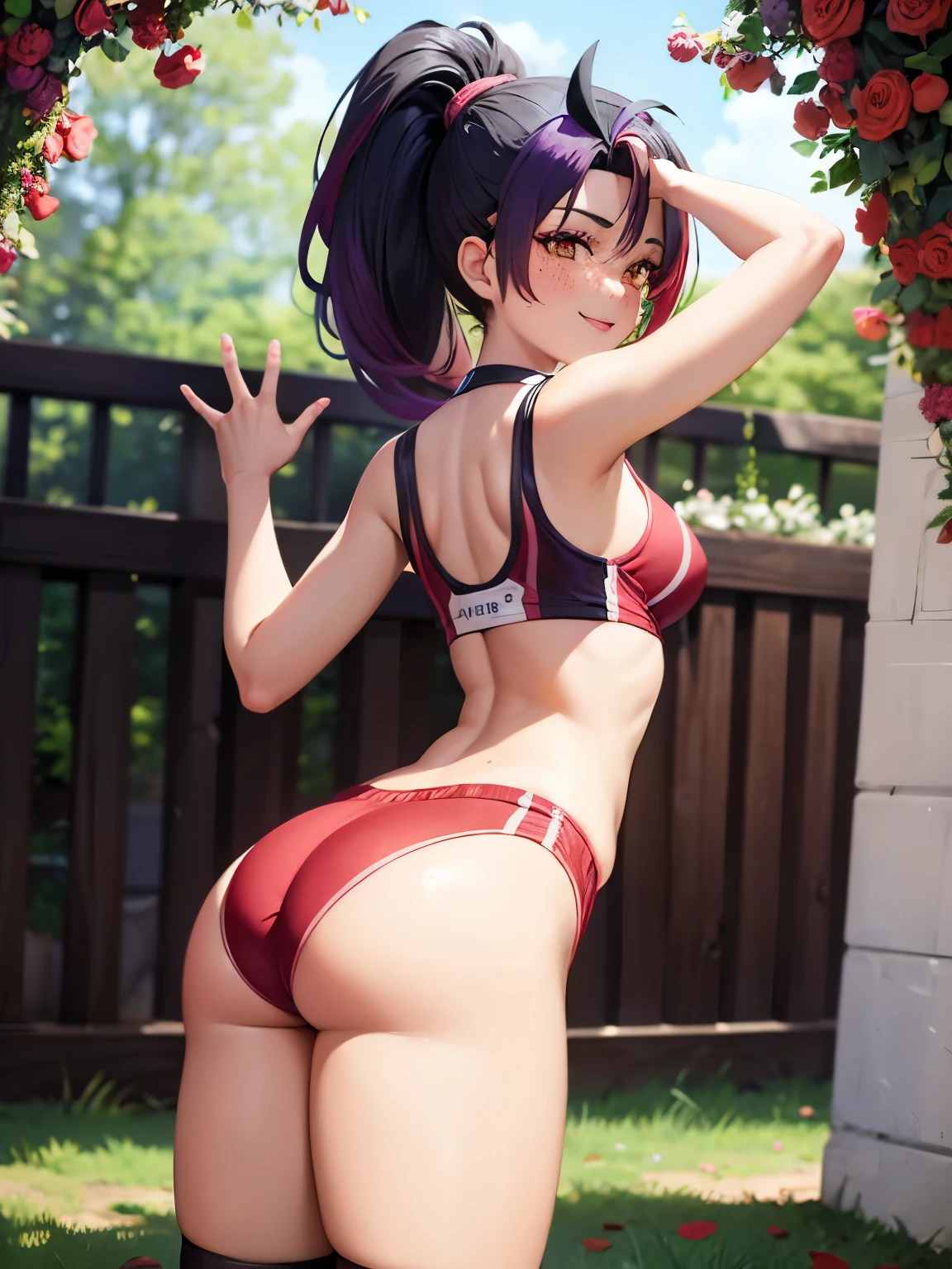 Purple hair、(((Red bloomers)))、、、s ass、Back.A smile、Face turning around、faces、a park、Track and field uniform、Nemona, brown eyes, black hair, ponytail, brown skin, green streak in side bangs, freckles, Sleeveless