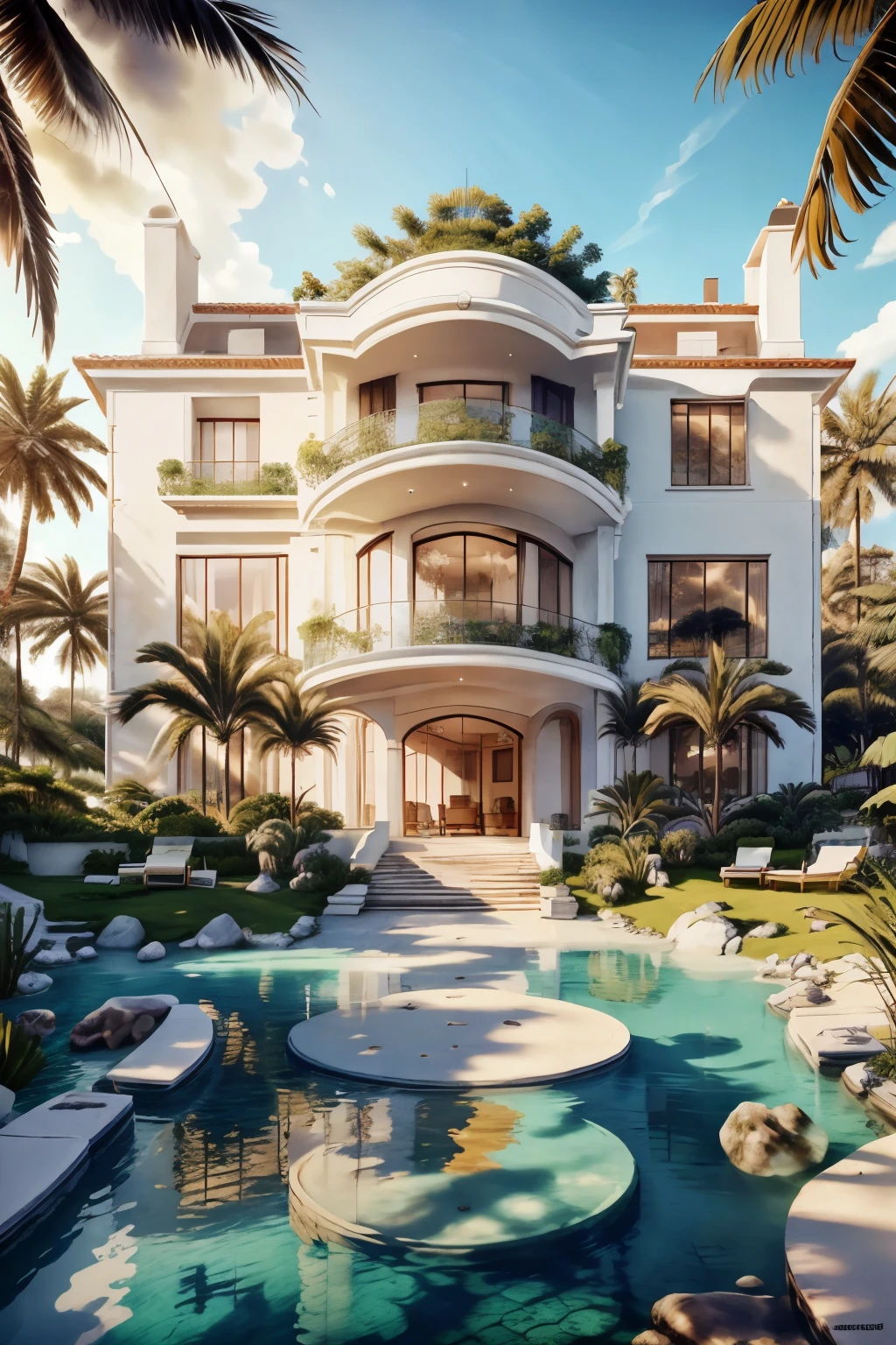 A magnificent mansion stands proudly near the tranquil beach, its white facade reflecting the golden sunlight. The lush green palm trees sway gently in the breeze, casting long shadows over the pristine sandy shore. The crystal-clear water laps softly against the golden sands, creating a soothing symphony of sounds. Inside the house, opulence abounds with marble floors, grand chandeliers, and large picture windows offering stunning views of the coastline. Boats dot the horizon in the distance, adding to the serene and luxurious atmosphere.