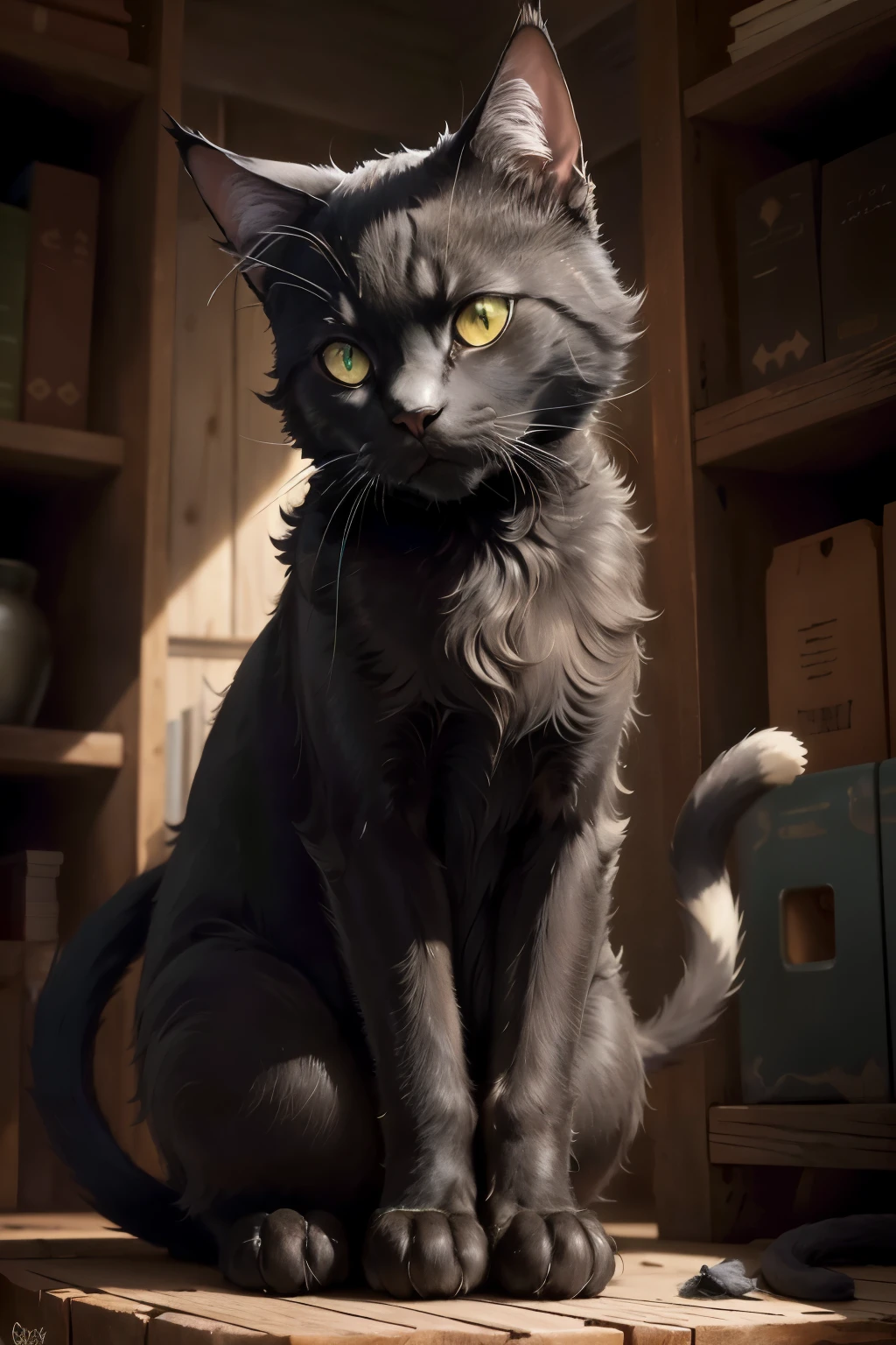 A sleek black cat with piercing green eyes and a bushy tail curled around its paws, sits proudly on an old, dusty bookshelf. The soft, velvety fur contrasts sharply with the rough, weathered wood behind it. Its ears perk up as it listens intently, alert to the slightest sound in the quiet, dimly lit room. The mystical aura that surrounds the cat seems to hint at untold stories and hidden secrets.