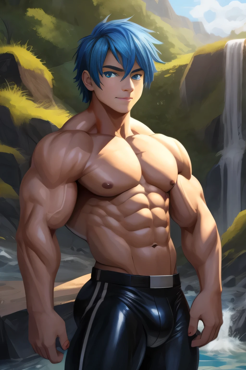 A ( face) 15 year old teen (15 yearsttractive boy, Mexican ethnicity. tanned skin, cobalt blue hair, short hair bangs that fall on both sides of his youthful face. carefree expression, young man, alone, marked muscles, beautiful musculature, aesthetic stretch marks, inspiring physique, slender muscles, square pecs, beautiful V-cone, excellent abs and torso, chiseled abs, pectorals chiseled, with his military haircut and voluminous neck, narrow waist, bare chest, shirtless, topless, blue eyes, young face, beautiful, young. Teen muscular young builder with extraordinary and firm back, chiseled muscles, rhomboid muscles, latissimus dorsi. Gigachad. He is wearing tight black compression fabric pants. cloth belt (Very tight clothing, Cloth trousers) bare chest, Ruins of a Jedi temple with river and waterfalls background. Cloth trousers. (((Back))) huge firm muscular thighs, round buttocks and round butt with back, huge ass ((huge buttocks))