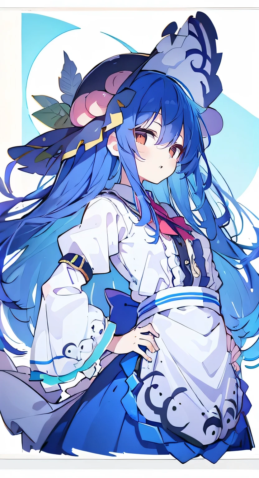 (masterpiece),best quality, expressive eyes, perfect face, 1girl,
 hands on waist,beautiful, gorgeous,anime,girl,lora,hinanawi tenshi, blue hair, blue haired, floating clothes,waist grab, grabbing waist, mains sur les hanches , hands on hips,flat chest