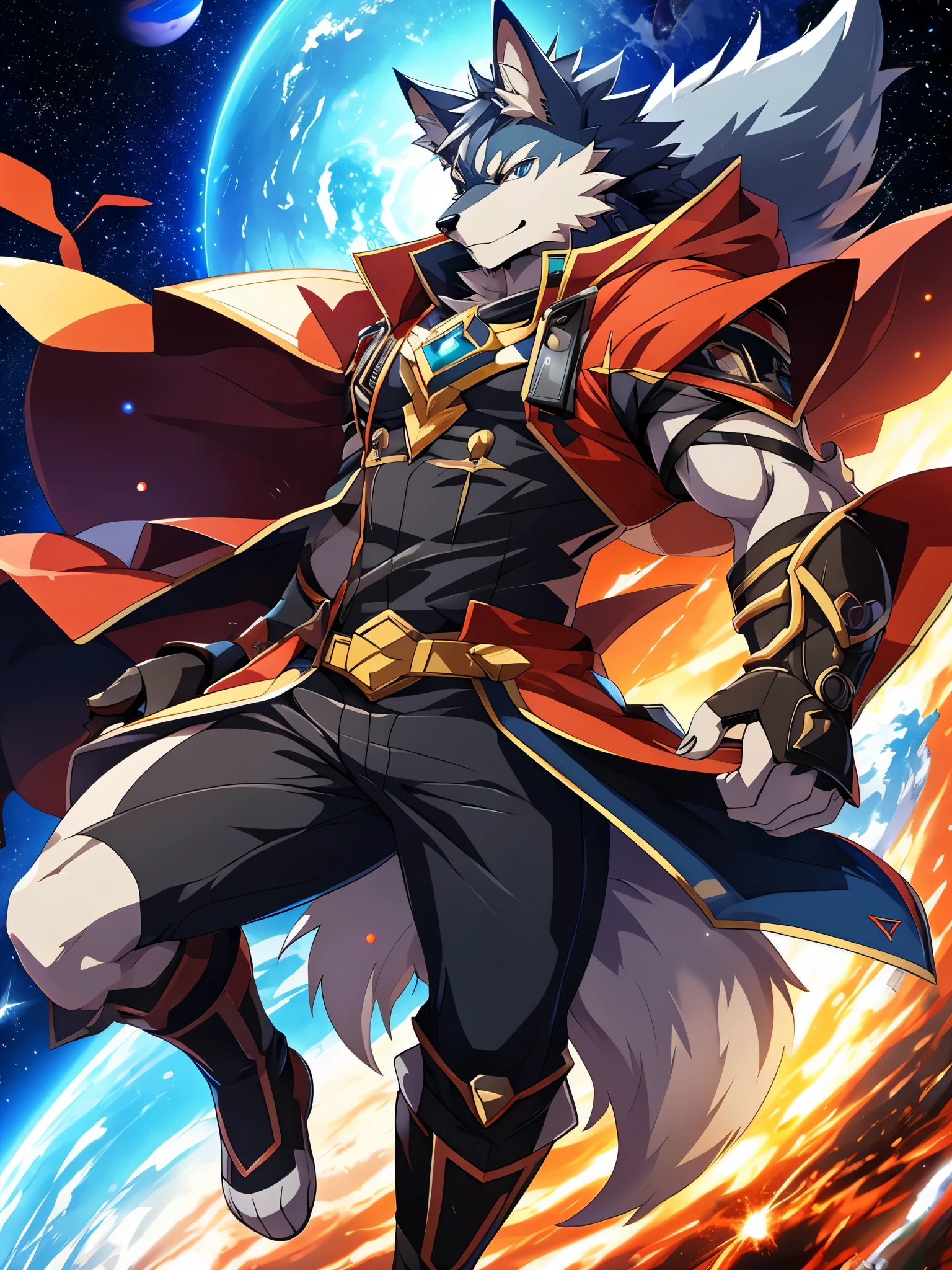 furry, male, anthro, (Wolf Tail), Solo, (Realistic eye details:1.2), (beautiful detailed eyes), anime character there is a Wolf man in a space setting with a planet in the background, dapper dream demon, best anime 4k konachan wallpaper, official artwork, gurren lagann, guilty gear strive splash art, anime style 4 k, key anime art, badass anime 8 k, high detailed official artwork, pixiv contest winner, cyber space cowboy, shigenori soejima illustration, full body like, slim body, in a panoramic view, good looking, splash art, anime style, 8k, 4k anime wallpaper, anime art wallpaper 8 k, 2 d art, 2d art, badass anime 8 k, anime art wallpaper 4k, detail art