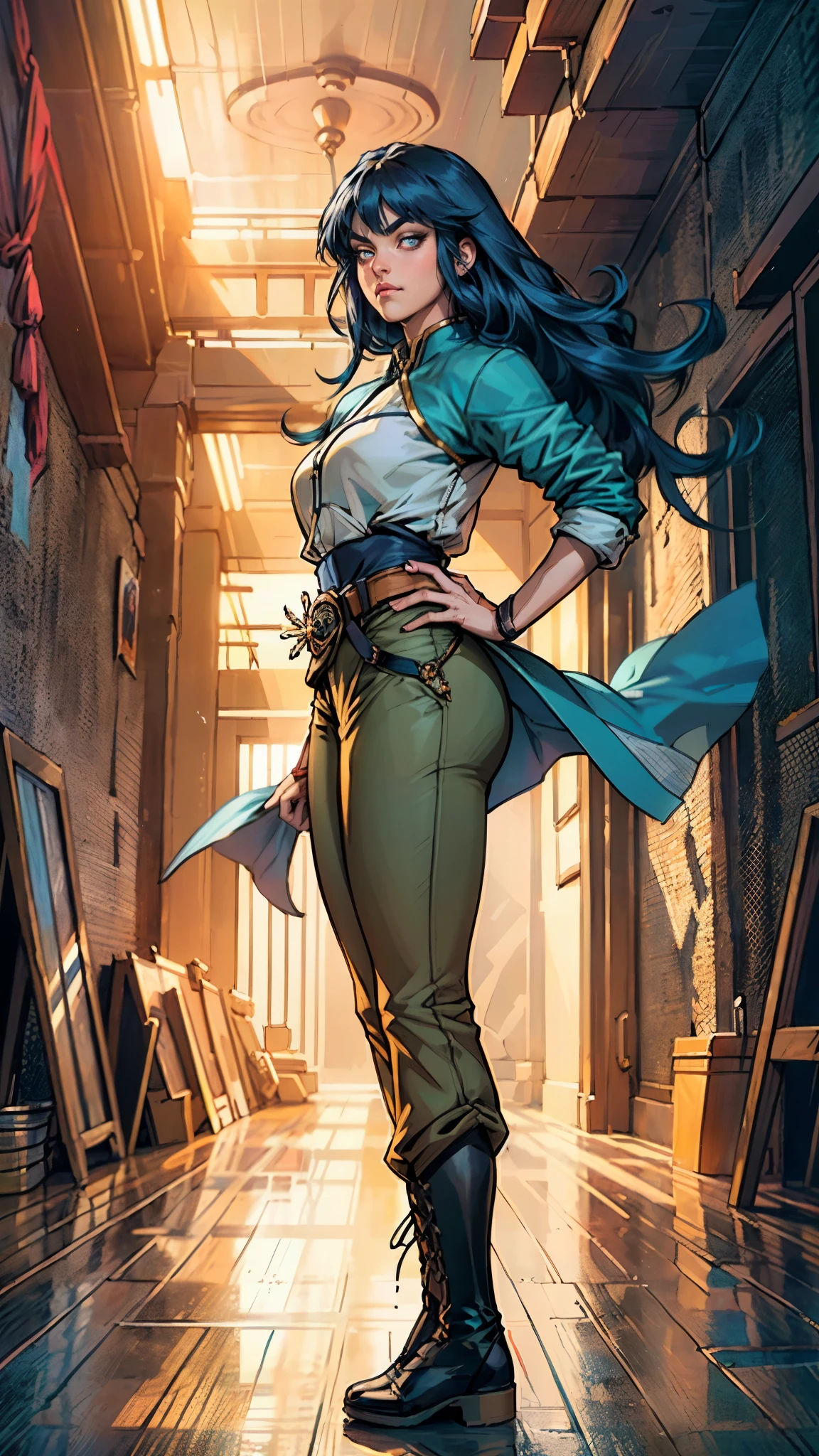 ((A young woman with flowing long dark blue hair, long side part bangs covering the right side of her face, sharp upward-arched thick eyebrows, large expressive eyes, a delicate oval face, a sensual wide mouth, a mocking expression, a fantasy martial arts-style emerald green short jacket with a blue undershirt, a high collar, rolled-up sleeves, matching fabric pants, a yellow waist belt, leather combat boots, one hand rests on her hip, surrounded by a cyan energy aura, standing in a fantasy style Chinese tavern)), this character embodies a finely crafted a fantasy martial arts heroine in anime style, exquisite and mature manga art style, pale skin, high definition, best quality, highres, ultra-detailed, ultra-fine painting, extremely delicate, professional, anatomically correct, symmetrical face, extremely detailed eyes and face, high quality eyes, creativity, RAW photo, UHD, 32k, Natural light, cinematic lighting, masterpiece-anatomy-perfect, masterpiece:1.5
