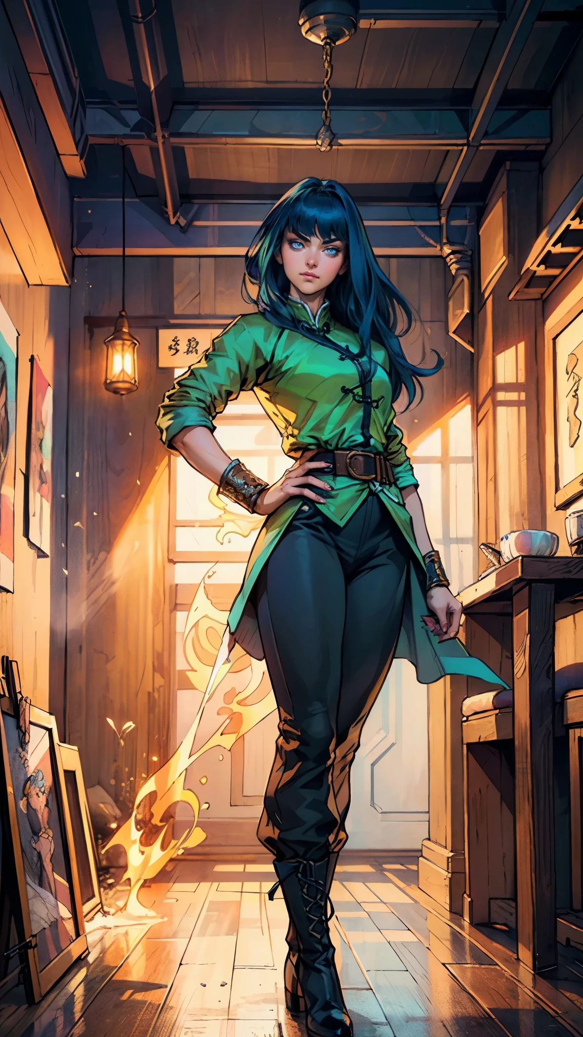 ((A young woman with flowing long dark blue hair, long side part bangs covering the right side of her face, sharp upward-arched thick eyebrows, large expressive eyes, a delicate oval face, a sensual wide mouth, a mocking expression, a fantasy martial arts-style emerald green short jacket with a blue undershirt, a high collar, rolled-up sleeves, matching fabric pants, a yellow waist belt, leather combat boots, one hand rests on her hip, surrounded by a cyan energy aura, standing in a fantasy style Chinese tavern)), this character embodies a finely crafted a fantasy martial arts heroine in anime style, exquisite and mature manga art style, pale skin, high definition, best quality, highres, ultra-detailed, ultra-fine painting, extremely delicate, professional, anatomically correct, symmetrical face, extremely detailed eyes and face, high quality eyes, creativity, RAW photo, UHD, 32k, Natural light, cinematic lighting, masterpiece-anatomy-perfect, masterpiece:1.5
