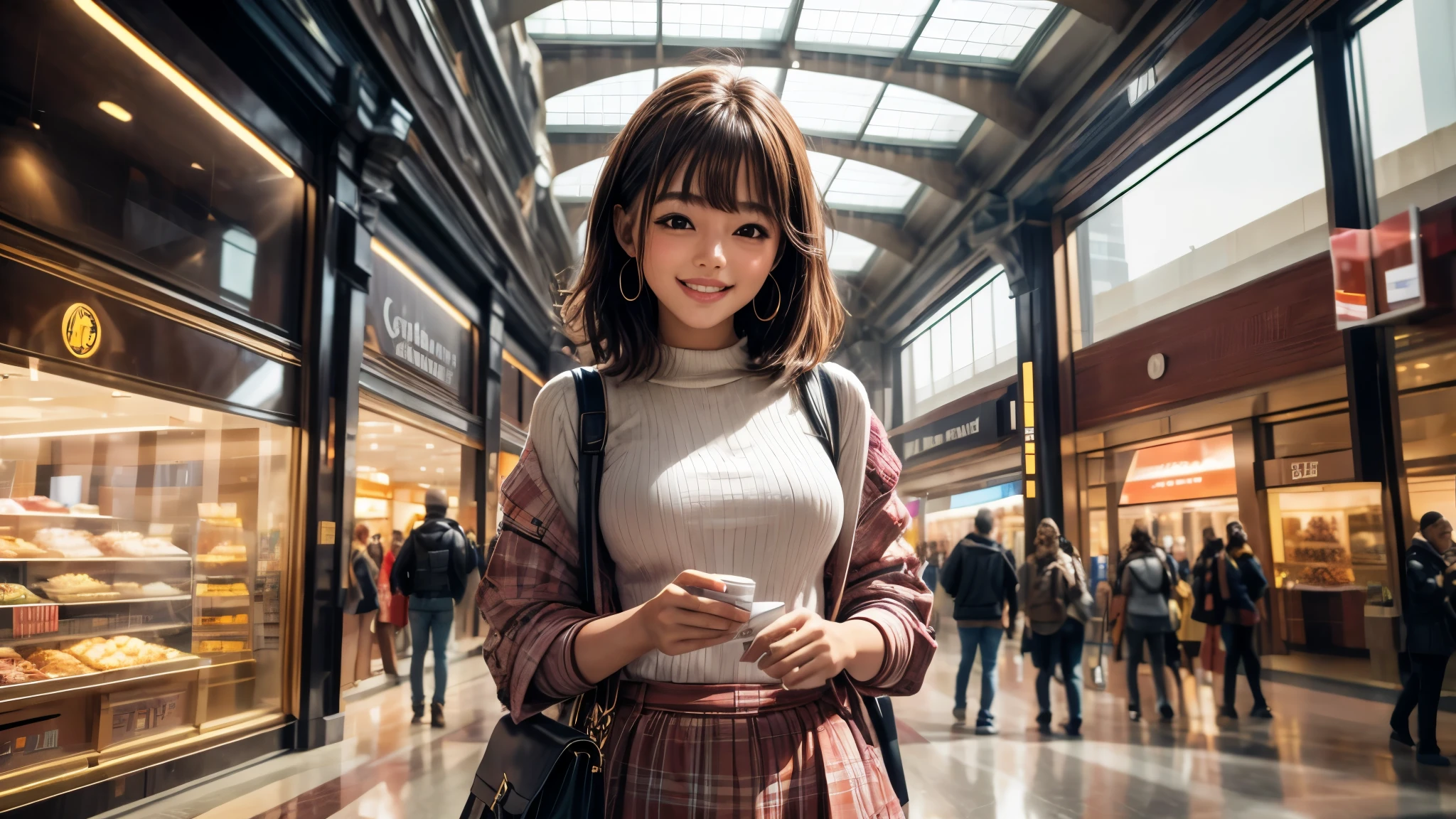 (best quality,4k,8k,highres,masterpiece:1.2),ultra-detailed, College Girl shopping in a mall, strutting her stuff, Smiling and laughing, Flirting with the viewer, HDR, 8k, absurdres, cinestill 800, sharp focus, add_detail:3 (solo woman) Hamamao