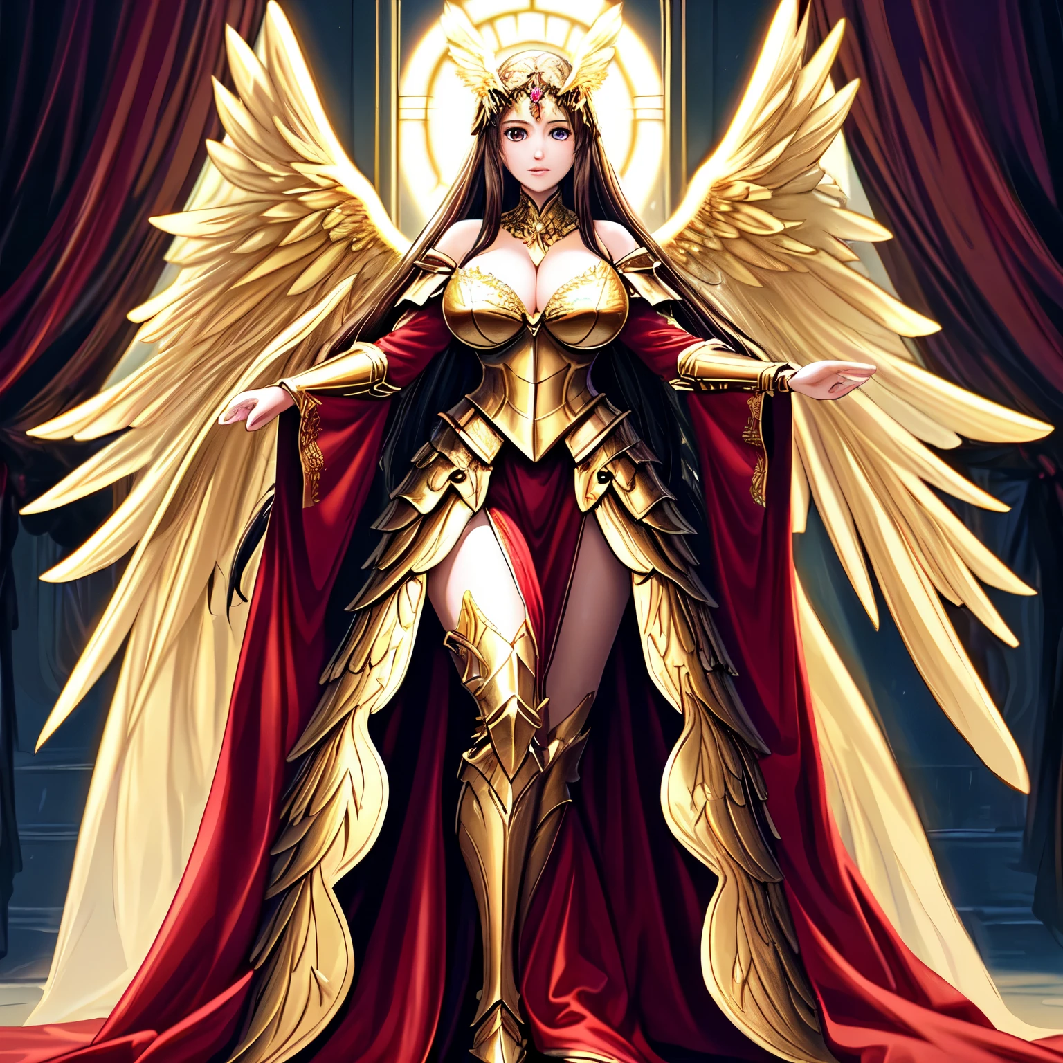 (masterpiece), (best quality), (high detail), nsfw, best quality, extremely beautiful, beautiful face, angel woman, two huge golden wing, revealing armor with open front skirt, very long dark hair