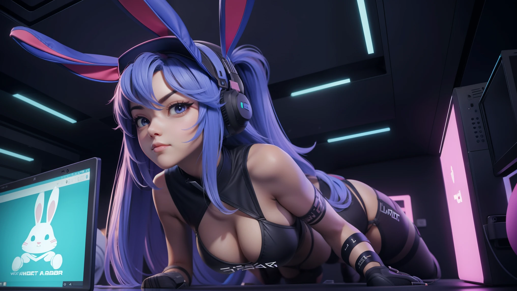 cute Rabbit hacker, intense hack, seductive, thong,