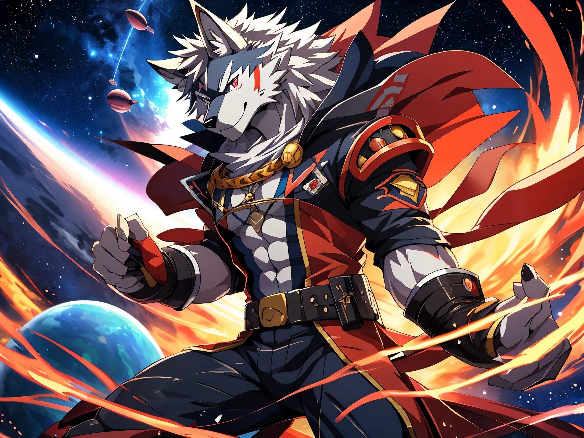 furry, male, anthro, (Wolf Tail), Solo, (Realistic eye details:1.2), (beautiful detailed eyes), anime character there is a Wolf man in a space setting with a planet in the background, dapper dream demon, best anime 4k konachan wallpaper, official artwork, gurren lagann, guilty gear strive splash art, anime style 4 k, key anime art, badass anime 8 k, high detailed official artwork, pixiv contest winner, cyber space cowboy, shigenori soejima illustration, full body like, slim body, in a panoramic view, good looking, splash art, anime style, 8k, 4k anime wallpaper, anime art wallpaper 8 k, 2 d art, 2d art, badass anime 8 k, anime art wallpaper 4k, detail art