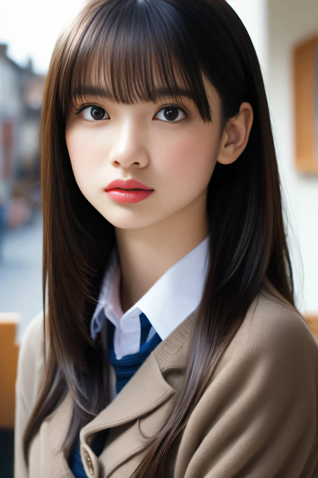  (8K, Raw photo, highest quality, masterpiece:1.3), (realistic, photo-realistic:1.4), (Highly detailed 8K wallpaper), sharp focus, Depth of written boundary,
 japanese idol,very cute, ,(coat:1.3),(long hair :1.3), Upper body, highly detailed face and eyes,((shiny skin:1.2)), cinematic lighting, soft light, blur background, (A town with historic buildings, castles, cathedrals etc.)