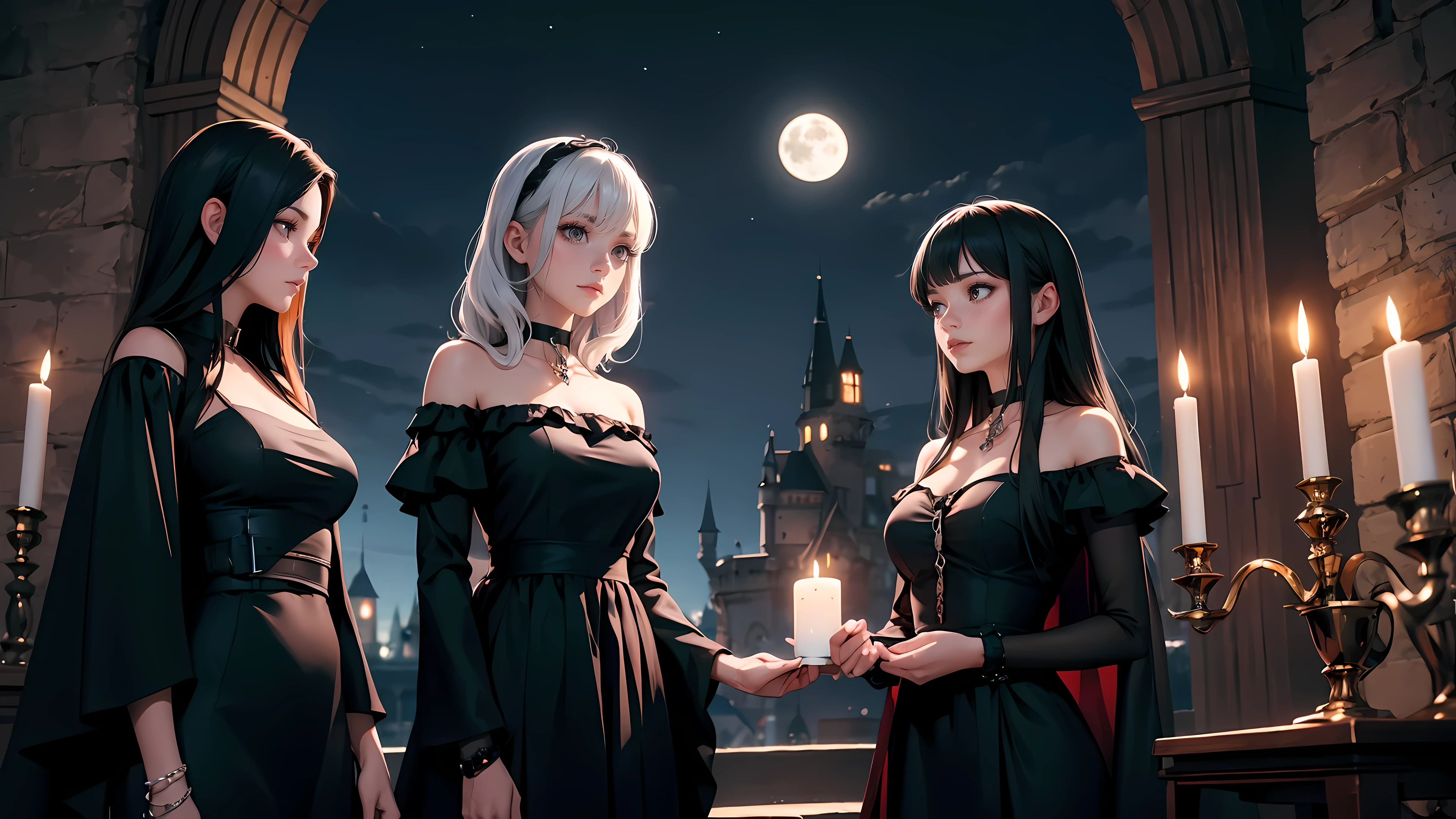 Three beautiful 30 year old women, three witches, detailed beautiful hair, detailed beautiful eyes, red hair, black hair, white hair, choker collar, bracelets, long black dresses, standing, gothic castle, night, nighttime, moon, moonlight, candles, candlelight, dramatic lighting, cinematic lighting, 