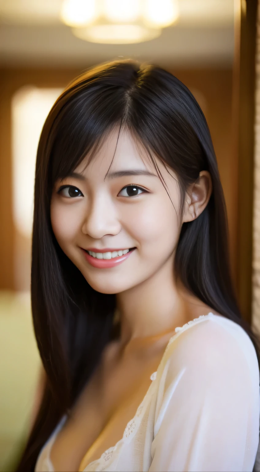 masterpiece,best quality,(Japanese ),((Beautiful girl)),cleavage,indoor,(perfect body beauty:1.2),(shy smile),beautiful teeth,
