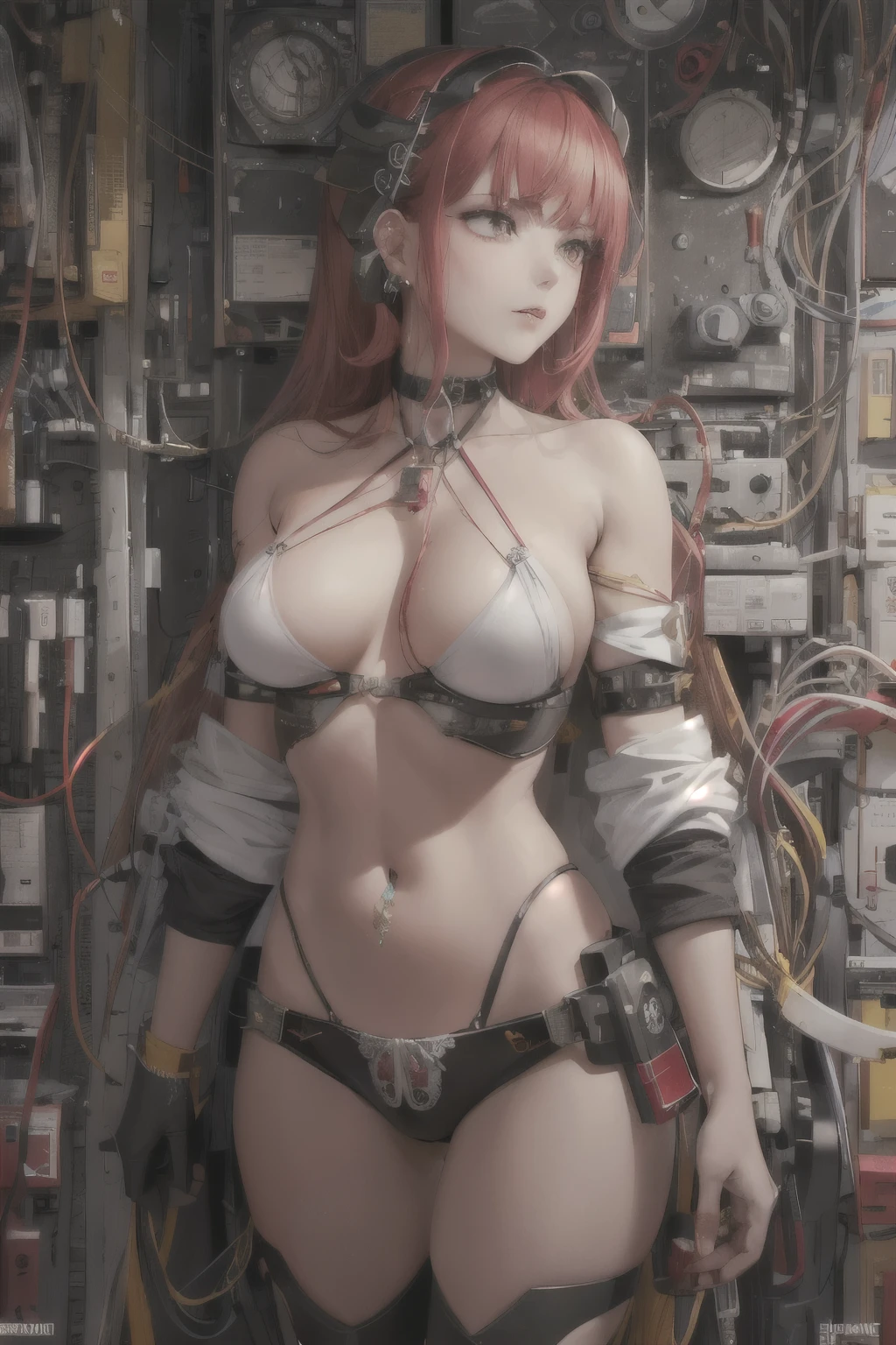 (obra de arte, maximum quality, Melhor qualidade, arte oficial, Beautiful and Aesthetic:1.2), (1 garota:1.3), extremamente detalhado,colorida,mais detalhado ((ultra-detalhado)), (highly detailed CG illustration), ((extremamente delicado e lindo)),(de lado),cinematic light,((1 garoto mecanico)),com o barbeiro cortando o canelo dele,(machine made gaskets:1.2),((mechanical members)),(sangue vessels connected to tubes),(mechanical vertebra attached to the back),((mechanical cervical attaching to the neck)),(sentado),inexpressivo,(wires and cables tied around the neck:1.2),(wires and cables on the head:1.2)(Foco no personagem),Science fiction,fundo branco,(sangue:1.5)