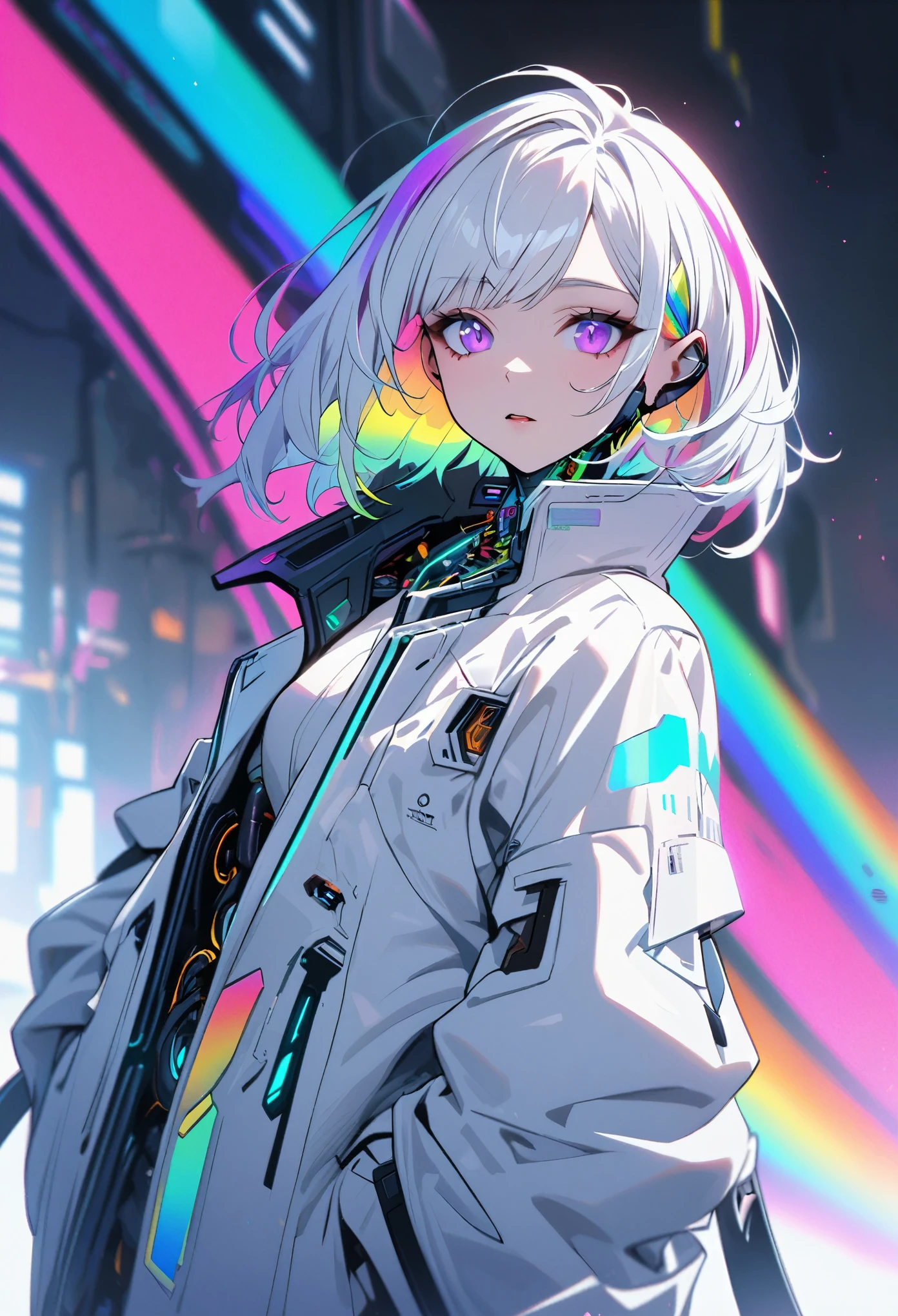 Handsome, solo, 1 female, medium hair, white hair, rainbow hair, purple eyes, white clothes, futuristic, cyberpunk, cybernetic, neon, scientist