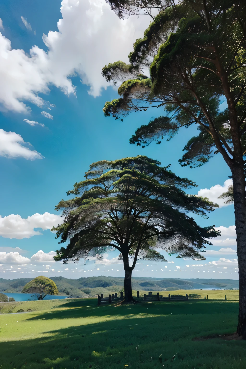 gramado verdejan te com arvores au longe ,turquoise blue sky