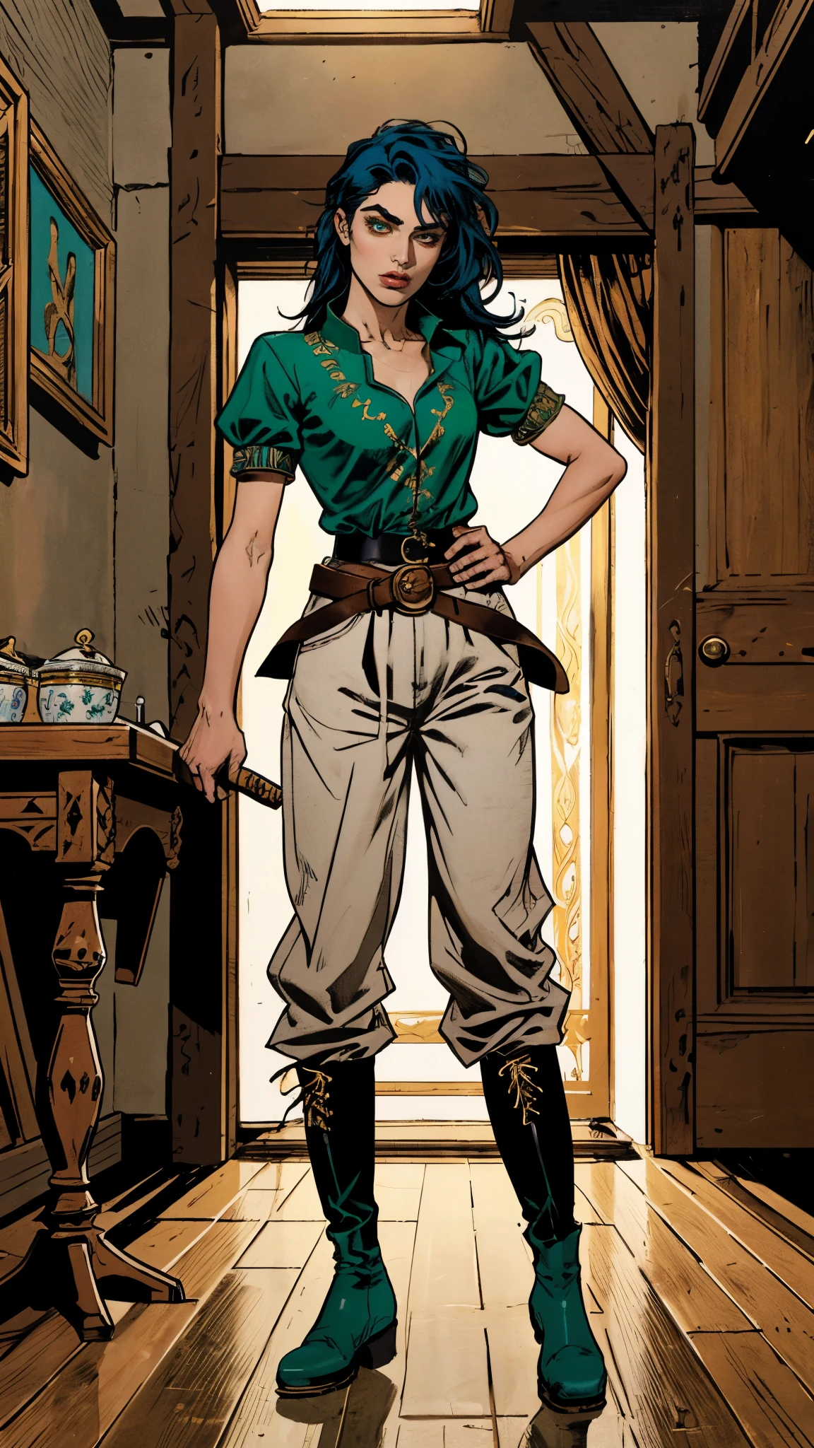 ((A young woman with flowing long dark blue hair, long side part bangs covering the right side of her face, sharp upward-arched thick eyebrows, large expressive eyes, a delicate oval face, a sensual wide mouth, a mocking expression, a fantasy martial arts-style emerald green short jacket with a blue undershirt, a high collar, rolled-up sleeves, matching fabric pants, a yellow waist belt, leather combat boots, one hand rests on her hip, surrounded by a cyan energy aura, standing in a fantasy style Chinese tavern)), this character embodies a finely crafted a fantasy martial arts heroine in anime style, exquisite and mature manga art style, pale skin, high definition, best quality, highres, ultra-detailed, ultra-fine painting, extremely delicate, professional, anatomically correct, symmetrical face, extremely detailed eyes and face, high quality eyes, creativity, RAW photo, UHD, 32k, Natural light, cinematic lighting, masterpiece-anatomy-perfect, masterpiece:1.5