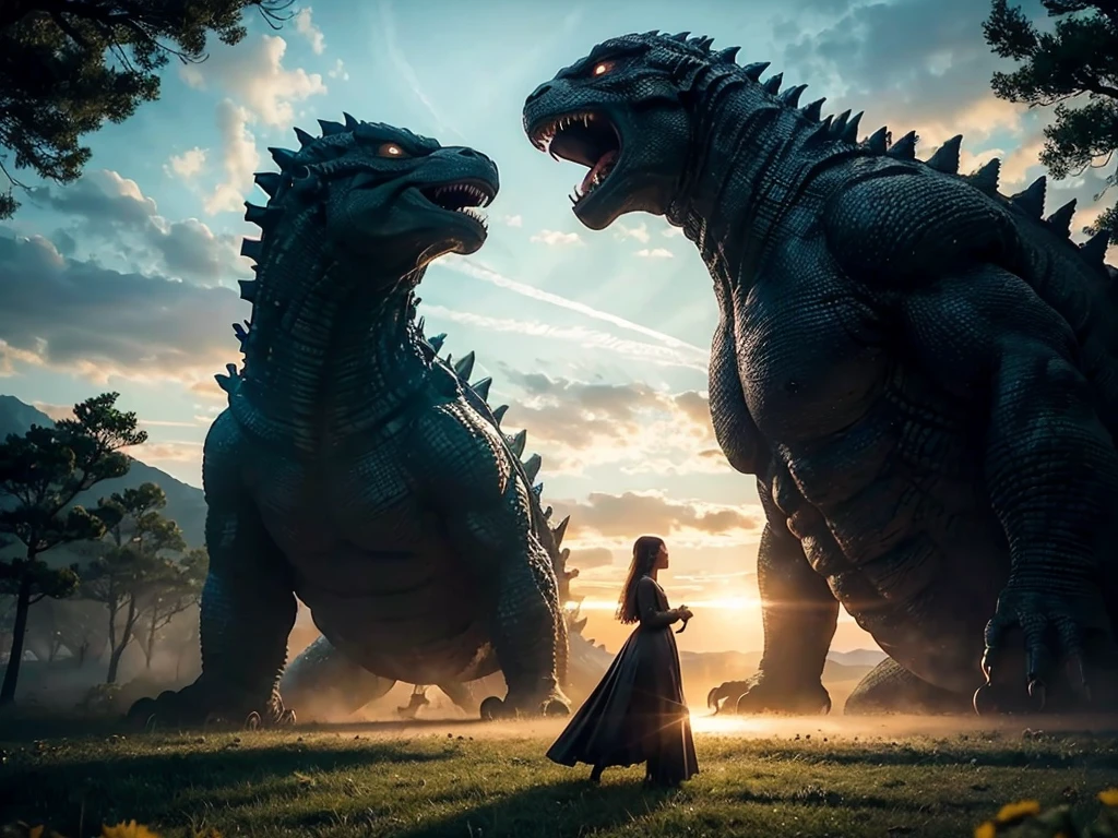 Godzilla saves a girl from aliens