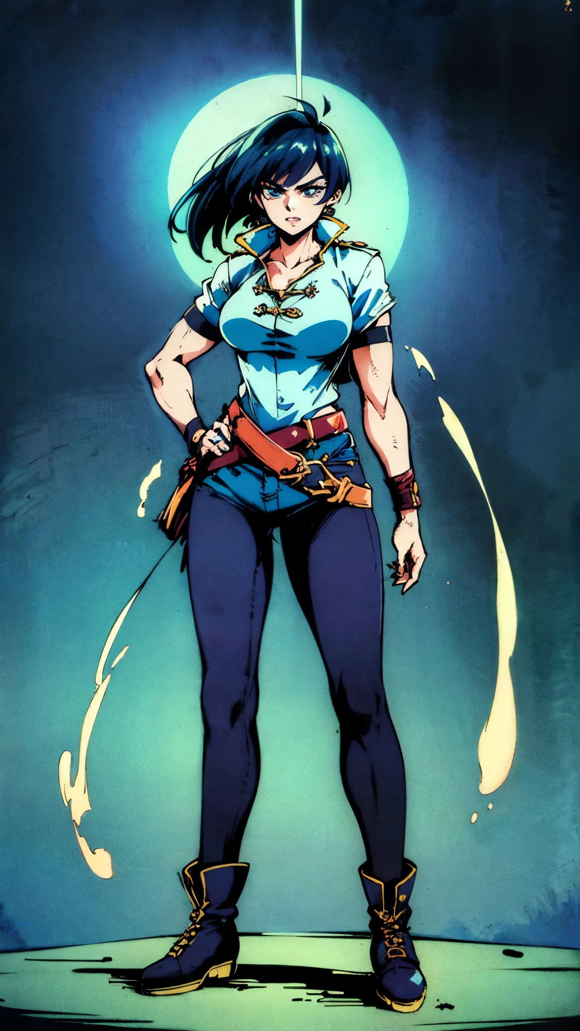 ((A young woman with flowing long dark blue hair, long side part bangs covering the right side of her face, sharp upward-arched thick eyebrows, large expressive eyes, a delicate oval face, a sensual wide mouth, a mocking expression, a fantasy martial arts-style emerald green short jacket with a blue undershirt, a high collar, rolled-up sleeves, matching fabric pants, a yellow waist belt, leather combat boots, one hand rests on her hip, surrounded by a cyan energy aura, standing in a fantasy style Chinese tavern)), this character embodies a finely crafted a fantasy martial arts heroine in anime style, exquisite and mature manga art style, pale skin, high definition, best quality, highres, ultra-detailed, ultra-fine painting, extremely delicate, professional, anatomically correct, symmetrical face, extremely detailed eyes and face, high quality eyes, creativity, RAW photo, UHD, 32k, Natural light, cinematic lighting, masterpiece-anatomy-perfect, masterpiece:1.5