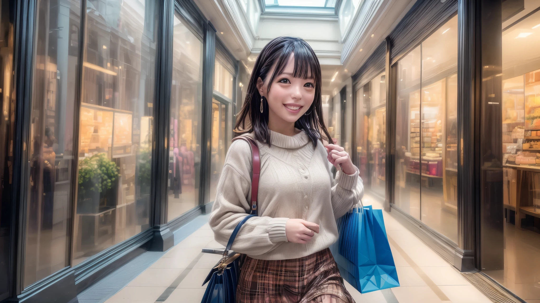 (best quality,4k,8k,highres,masterpiece:1.2),ultra-detailed, College Girl shopping in a mall, strutting her stuff, Smiling and laughing, Flirting with the viewer, HDR, 8k, absurdres, cinestill 800, sharp focus, add_detail:3 (solo woman) Tenchan