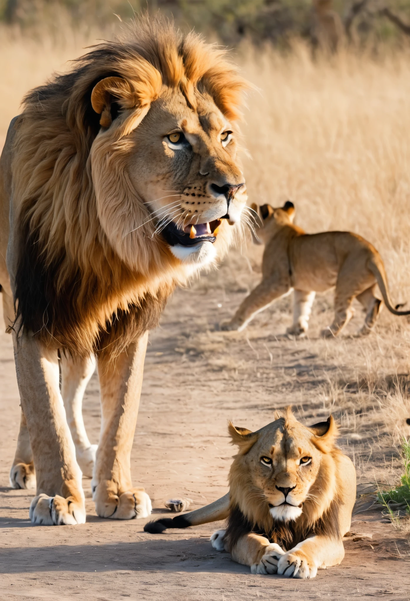 A huge wild cat in front of a frightened lion