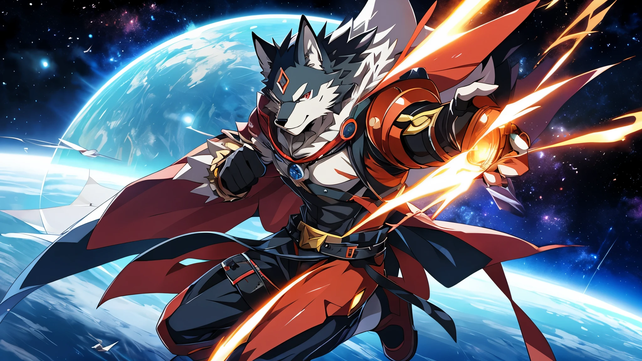 furry, male, anthro, (Wolf Tail), Solo, (Realistic eye details:1.2), (beautiful detailed eyes), anime character there is a Wolf man in a space setting with a planet in the background, dapper dream demon, best anime 4k konachan wallpaper, official artwork, gurren lagann, guilty gear strive splash art, anime style 4 k, key anime art, badass anime 8 k, high detailed official artwork, pixiv contest winner, cyber space cowboy, shigenori soejima illustration, full body like, slim body, in a panoramic view, good looking, splash art, anime style, 8k, 4k anime wallpaper, anime art wallpaper 8 k, 2 d art, 2d art, badass anime 8 k, anime art wallpaper 4k, detail art