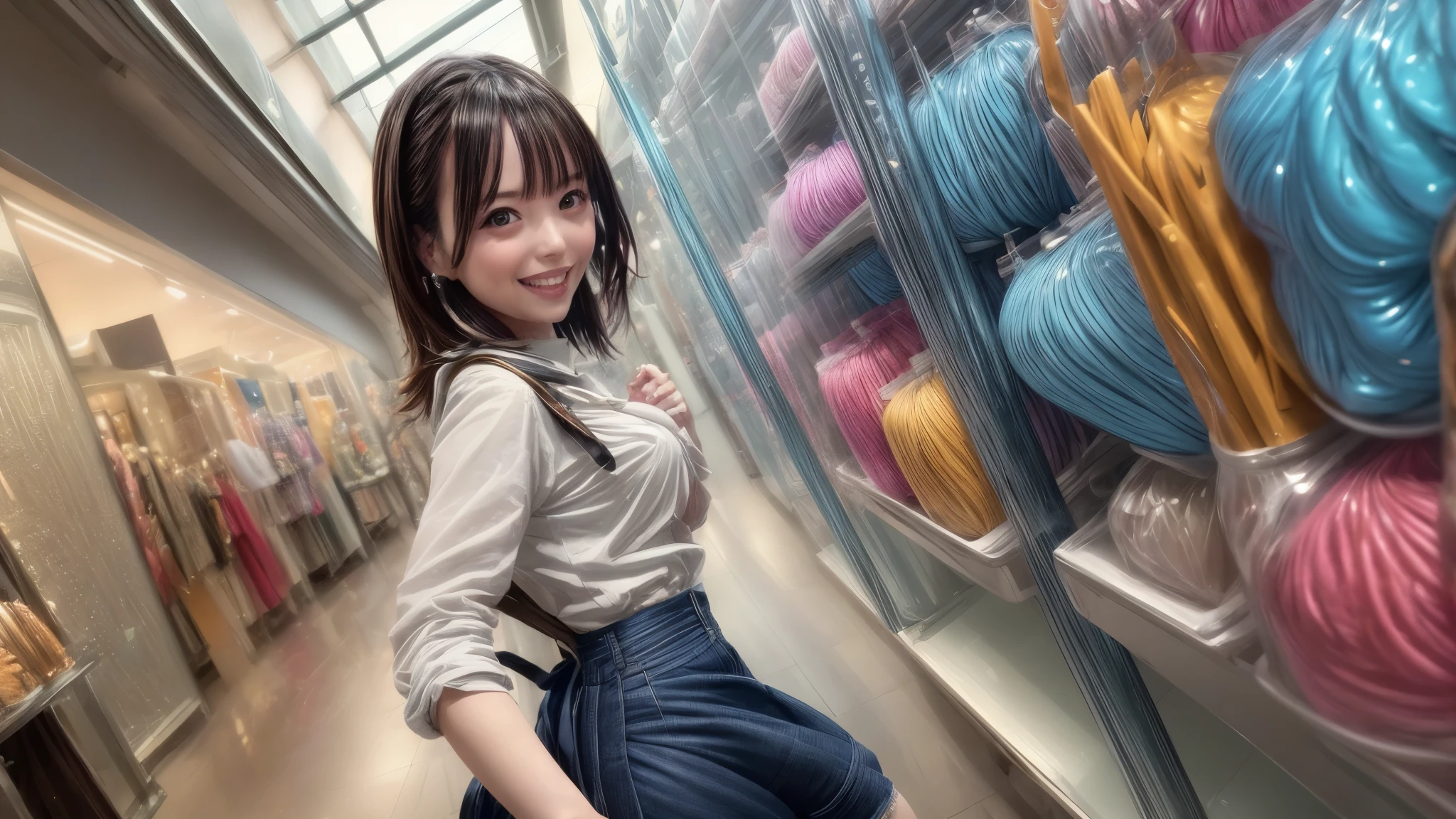 (best quality,4k,8k,highres,masterpiece:1.2),ultra-detailed, College Girl shopping in a mall, strutting her stuff, Smiling and laughing, Flirting with the viewer, HDR, 8k, absurdres, cinestill 800, sharp focus, add_detail:3 (solo woman) Tenchan
