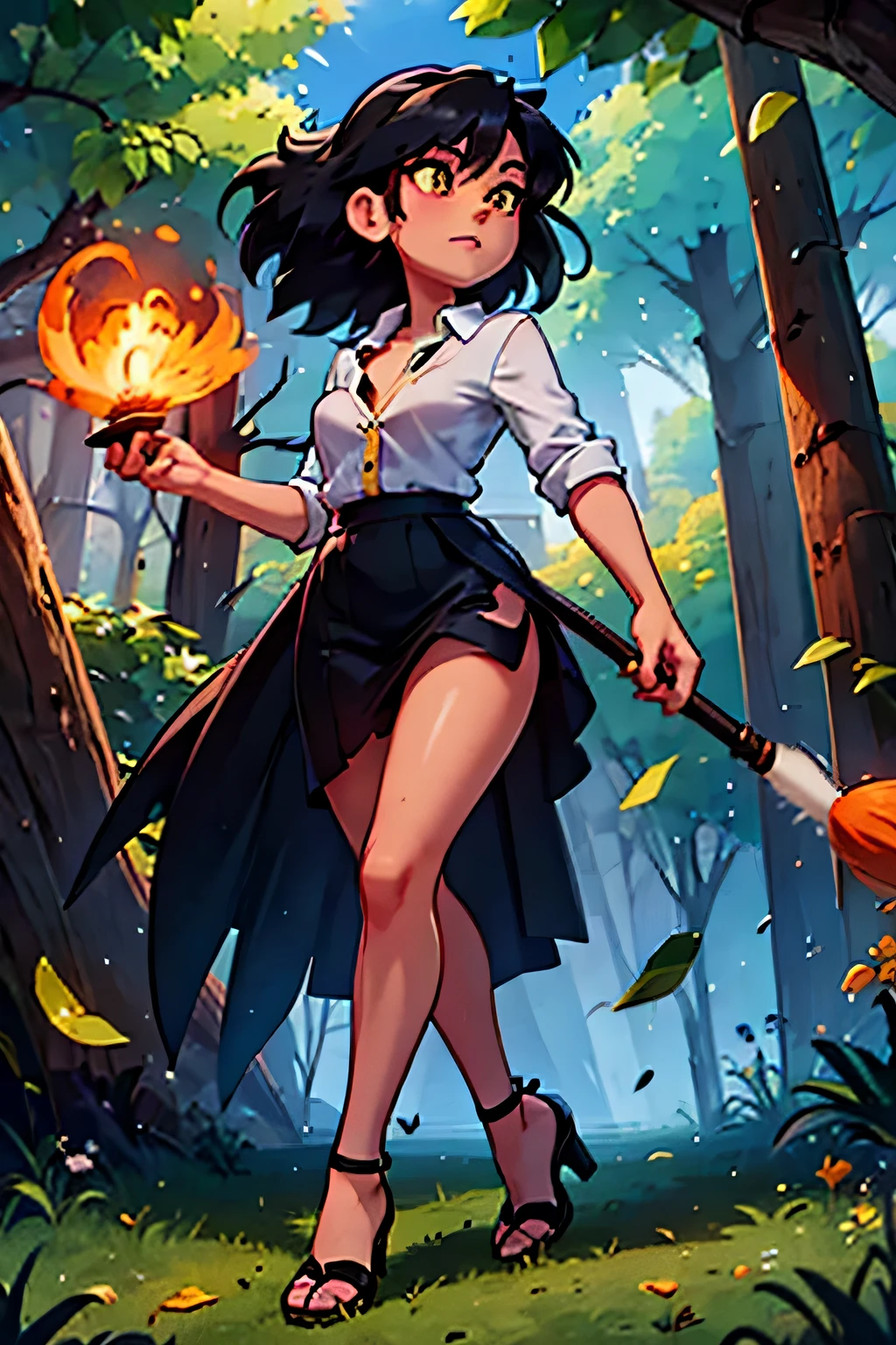 Tall woman, big chest, orange eyes, long black hair, wearing a light green button-down shirt, a long, high bright green skirt, and underneath, black heels, big body, sexy thigh, wearing a leaf blowing hand.