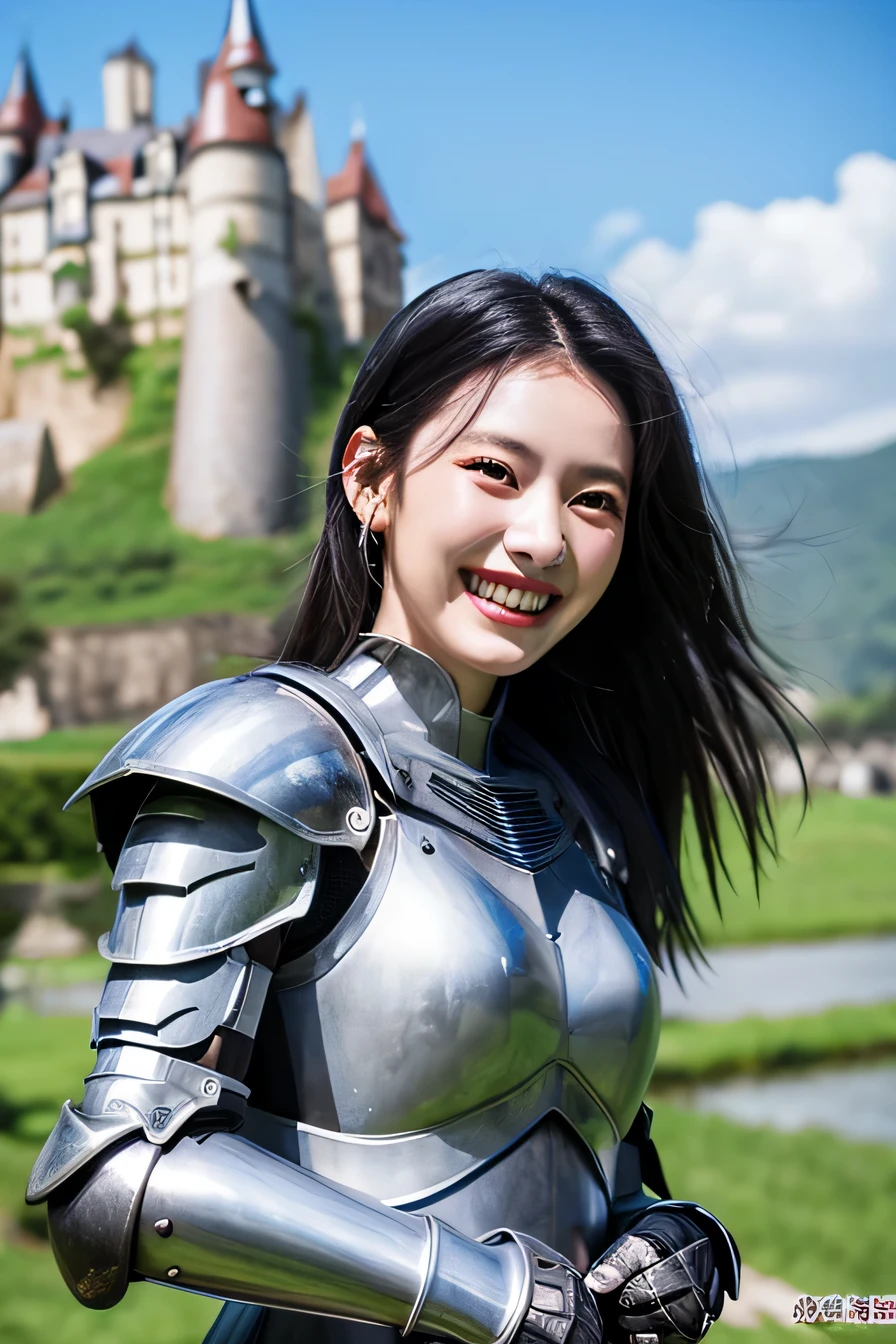 highest quality、4K、The background is a castle、slender body shape、female knight、black hair、smile、Beautiful teeth、ear piercing、full body photo、luxurious silver armor、