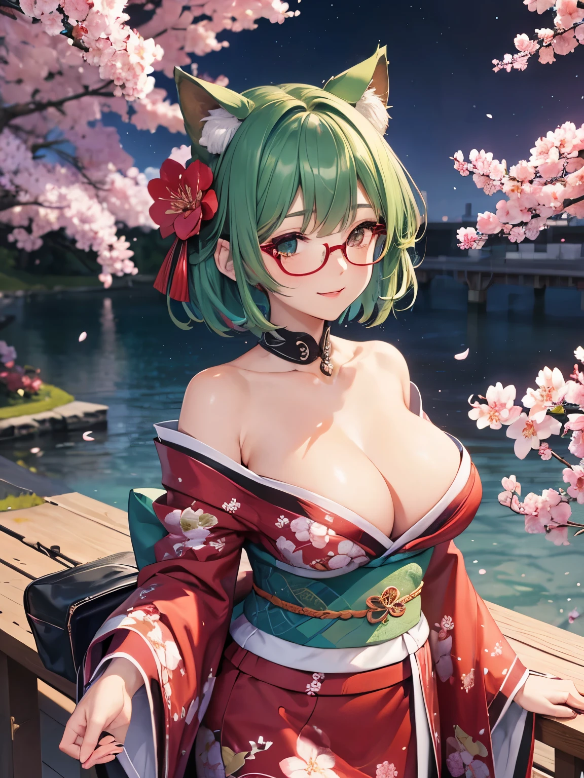 highest quality,wonderful,masterpiece,delicate,ultra high resolution,Super detailed,intricate details,beautiful,8K resolution,(Highly detailed CG Unity 8K wallpaper),sharp focus、anime、fiction、one woman , dark green hair , short hair、Cat ear、Human ears cannot be seen due to hair、red glasses、big breasts、Upper breasts、vivid hair、shaggy hair、messy hair、vivid skin、Glossy skin、 ta、short、cute、beautiful eyes、happiness、Pleasure、smile、red and green kimono、Shoulders are sticking out、sexy、cherry blossoms吹雪、cherry blossoms、cherry blossomsの花びらが舞う、cherry blossomsの花びらがいっぱい、night、nightcherry blossoms、cherry blossomsがライトアップ、