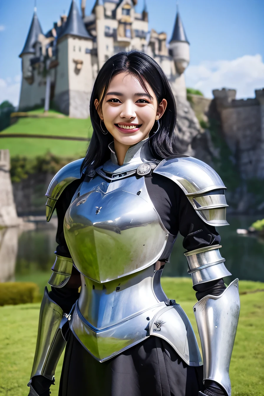 highest quality、4K、The background is a castle、slender body shape、female knight、black hair、smile、Beautiful teeth、ear piercing、full body photo、luxurious silver armor、