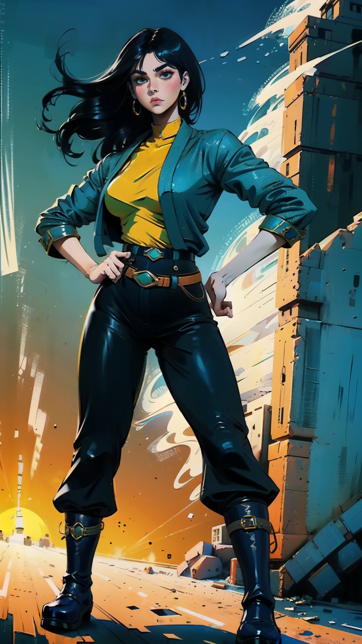 ((A young woman with flowing long dark blue hair, long side part bangs covering the right side of her face, sharp upward-arched thick eyebrows, large expressive eyes, a delicate oval face, a sensual wide mouth, a mocking expression, a fantasy martial arts-style emerald green short jacket with a blue undershirt, a high collar, rolled-up sleeves, matching fabric pants, a yellow waist belt, leather combat boots, one hand rests on her hip, surrounded by a cyan energy aura, standing in a fantasy style Chinese tavern)), this character embodies a finely crafted a fantasy martial arts heroine in anime style, exquisite and mature manga art style, pale skin, high definition, best quality, highres, ultra-detailed, ultra-fine painting, extremely delicate, professional, anatomically correct, symmetrical face, extremely detailed eyes and face, high quality eyes, creativity, RAW photo, UHD, 32k, Natural light, cinematic lighting, masterpiece-anatomy-perfect, masterpiece:1.5