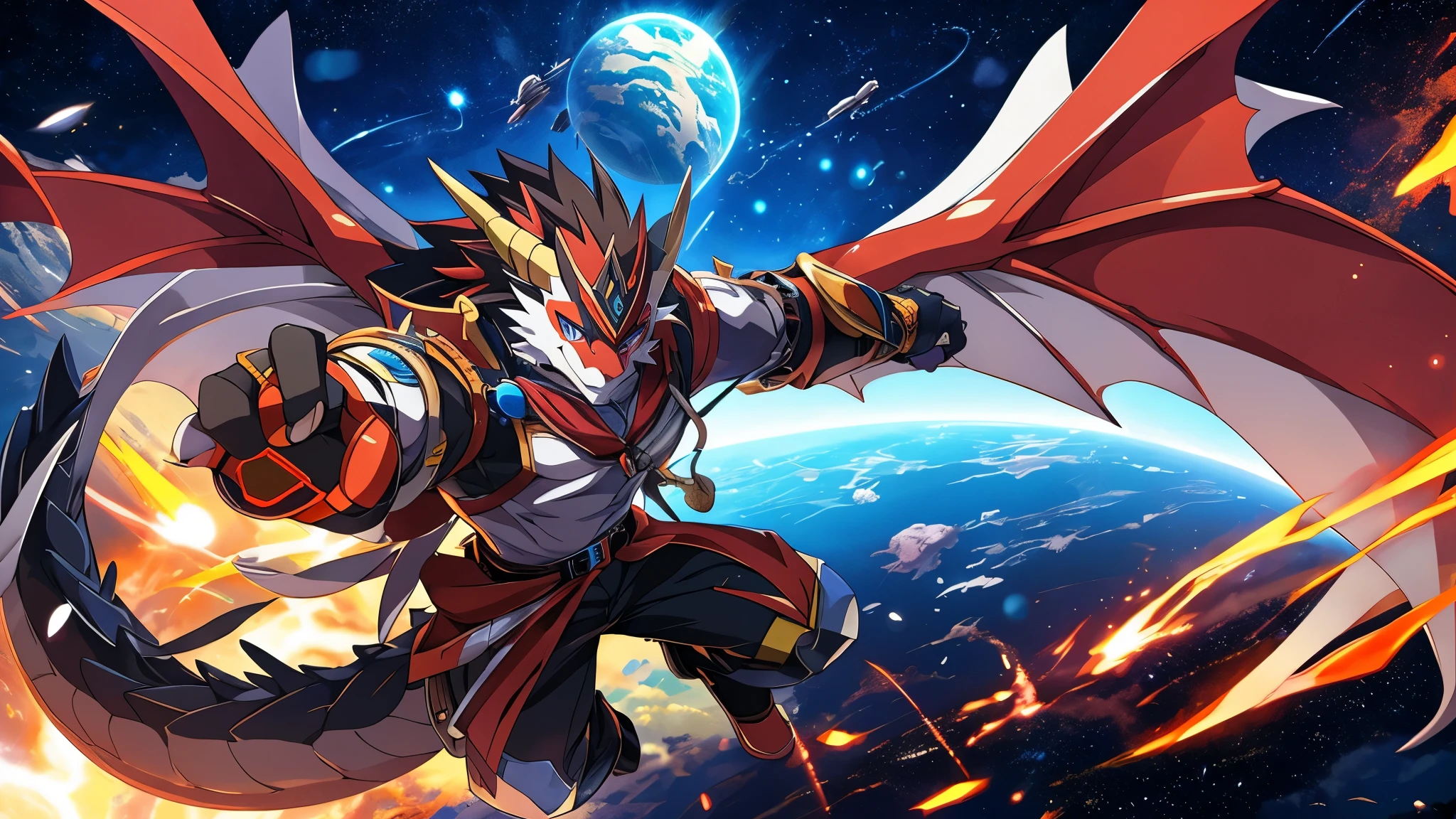 furry, male, anthro, (Dragon Tail), dragon wings, Solo, (Realistic eye details:1.2), (beautiful detailed eyes), anime character there is a Dragon man in a space setting with a planet in the background, dapper dream demon, best anime 4k konachan wallpaper, official artwork, gurren lagann, guilty gear strive splash art, anime style 4 k, key anime art, badass anime 8 k, high detailed official artwork, pixiv contest winner, cyber space cowboy, shigenori soejima illustration, full body like, slim body, in a panoramic view, good looking, splash art, anime style, 8k, 4k anime wallpaper, anime art wallpaper 8 k, 2 d art, 2d art, badass anime 8 k, anime art wallpaper 4k, detail art