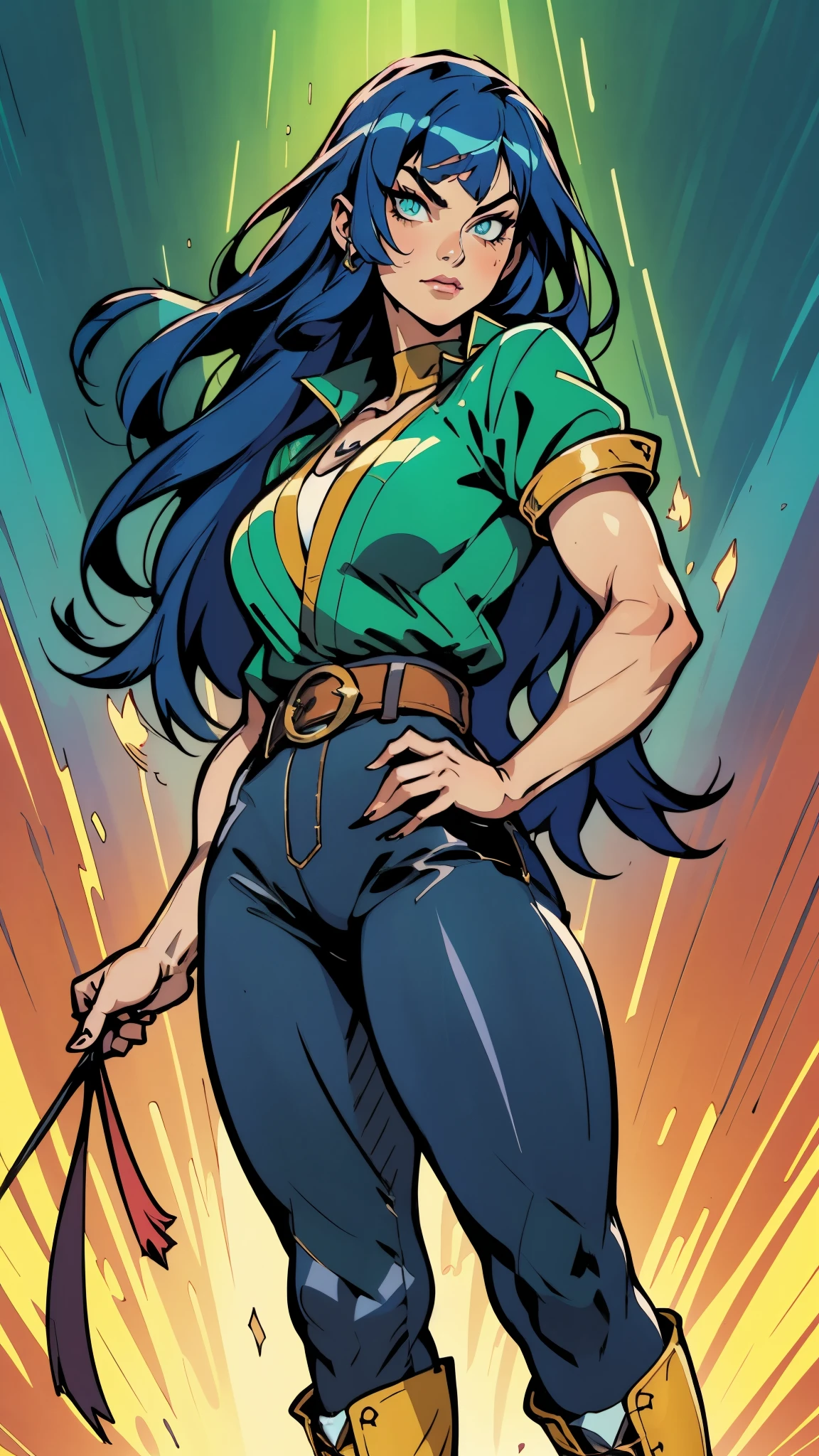 ((A young woman with flowing long dark blue hair, long side part bangs covering the right side of her face, sharp upward-arched thick eyebrows, large expressive eyes, a delicate oval face, a sensual wide mouth, a mocking expression, a fantasy martial arts-style emerald green short jacket with a blue undershirt, a high collar, rolled-up sleeves, matching fabric pants, a yellow waist belt, leather combat boots, one hand rests on her hip, surrounded by a cyan energy aura, standing in a fantasy style Chinese tavern)), this character embodies a finely crafted a fantasy martial arts heroine in anime style, exquisite and mature manga art style, pale skin, high definition, best quality, highres, ultra-detailed, ultra-fine painting, extremely delicate, professional, anatomically correct, symmetrical face, extremely detailed eyes and face, high quality eyes, creativity, RAW photo, UHD, 32k, Natural light, cinematic lighting, masterpiece-anatomy-perfect, masterpiece:1.5
