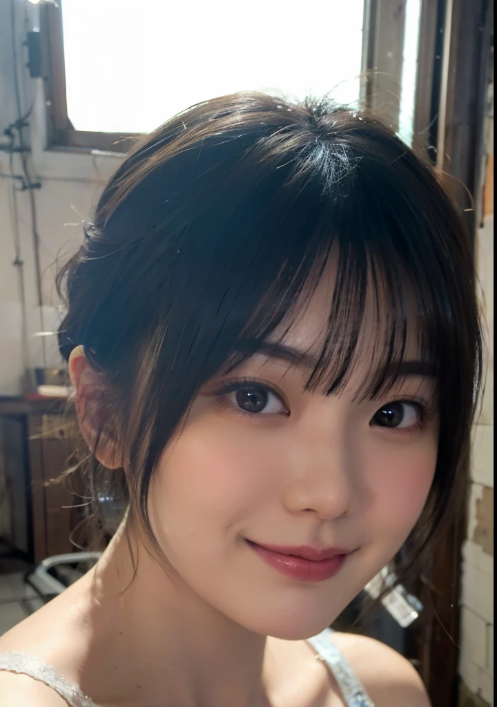 ((top-quality、8K、​masterpiece:1.3))、1girl in、Apron naked、very beautiful face、Beauty of slim abs:1.3、(Casual Hairstyles、huge tit:1.2)、Apron naked:1.1、an ultra-Small Face、A detailed eye、二重まぶた、a smile、kitchin、focus、cleavage of the breast、teats, very big breast, nsfw, 