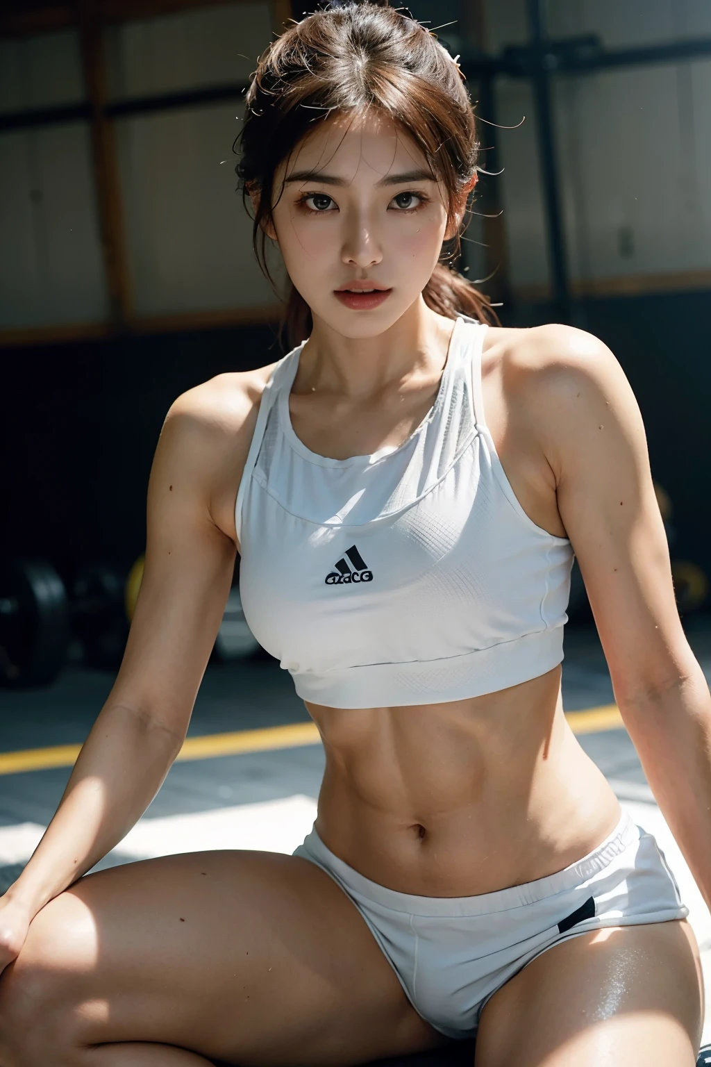 masterpiece, Top image quality, High resolution, solo performance, Beautiful Korean girl wearing well-fitting fitness clothes,Showing off her toned abs and curves. White sports bra highlights sexy, plump breasts. White shorts hover 10cm above the knee, Showing off her tan, Sports legs.
Close-up focus: Sweaty, muscular man, Take a short break from an intense workout. radiant when tired, His whole body was covered in sweat,Sparkling under the harsh lights of the gym. His chest rises and falls with his breathing, Showing off his chiseled abs and flattering ripped silhouette