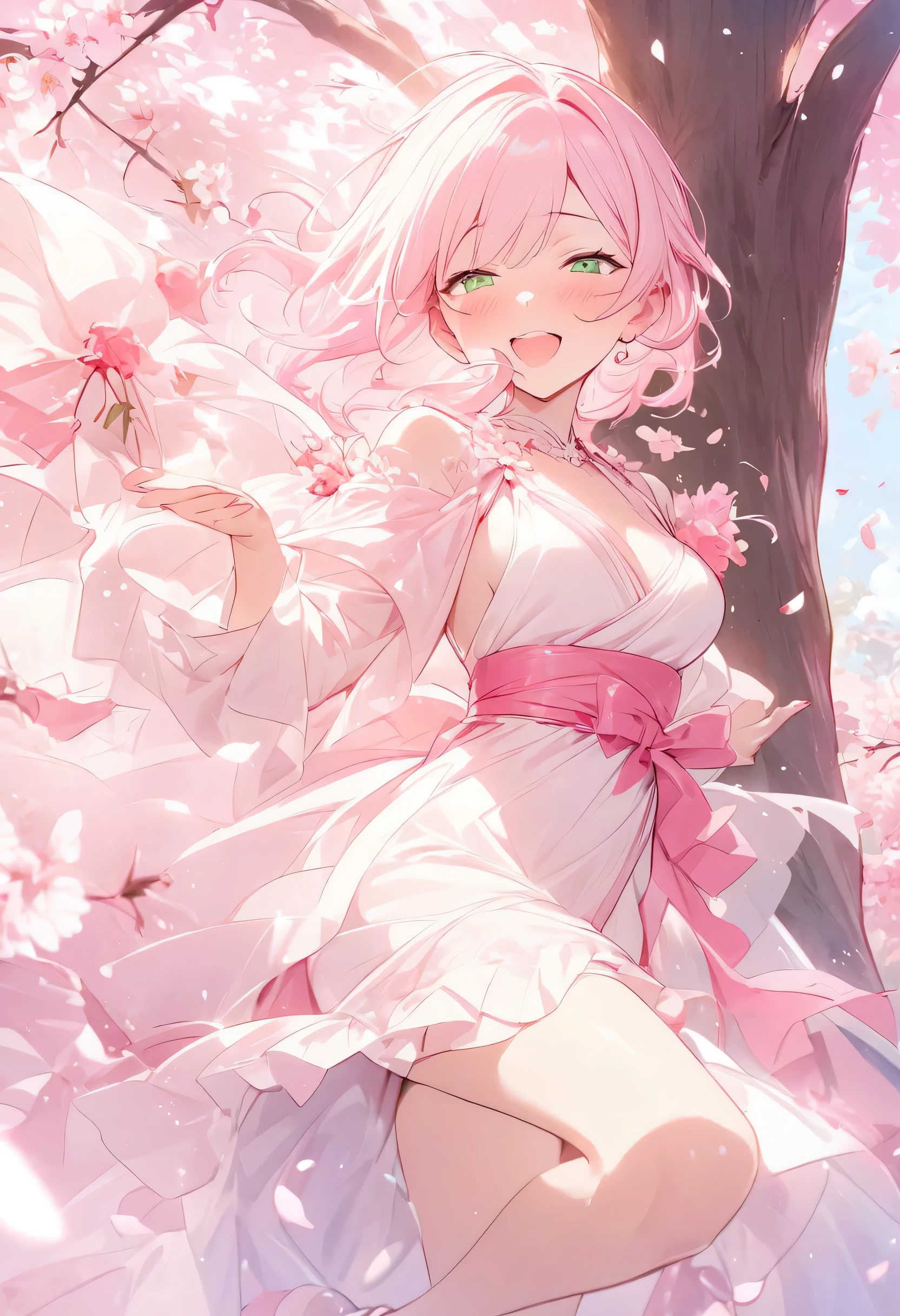 Illustration of a banquet being held under a tree with cherry blossoms blooming、drunk dancing woman、drunk、Cherry petals，bright tone，green，white、pink、highest quality、masterpiece