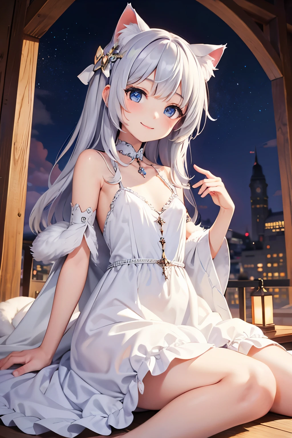 high resolution　beautiful skin　detailed picture　pretty girl　small breasts　silver hair　Cat ears　smile　Fur dresses　middle ages