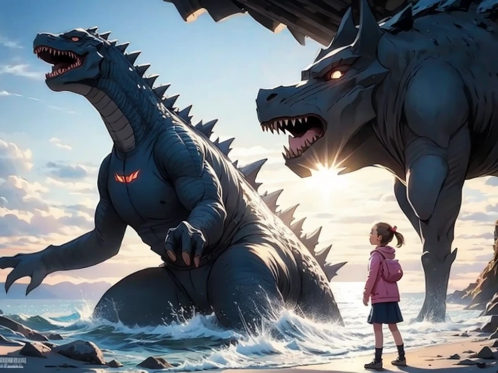 Godzilla saves a girl from aliens