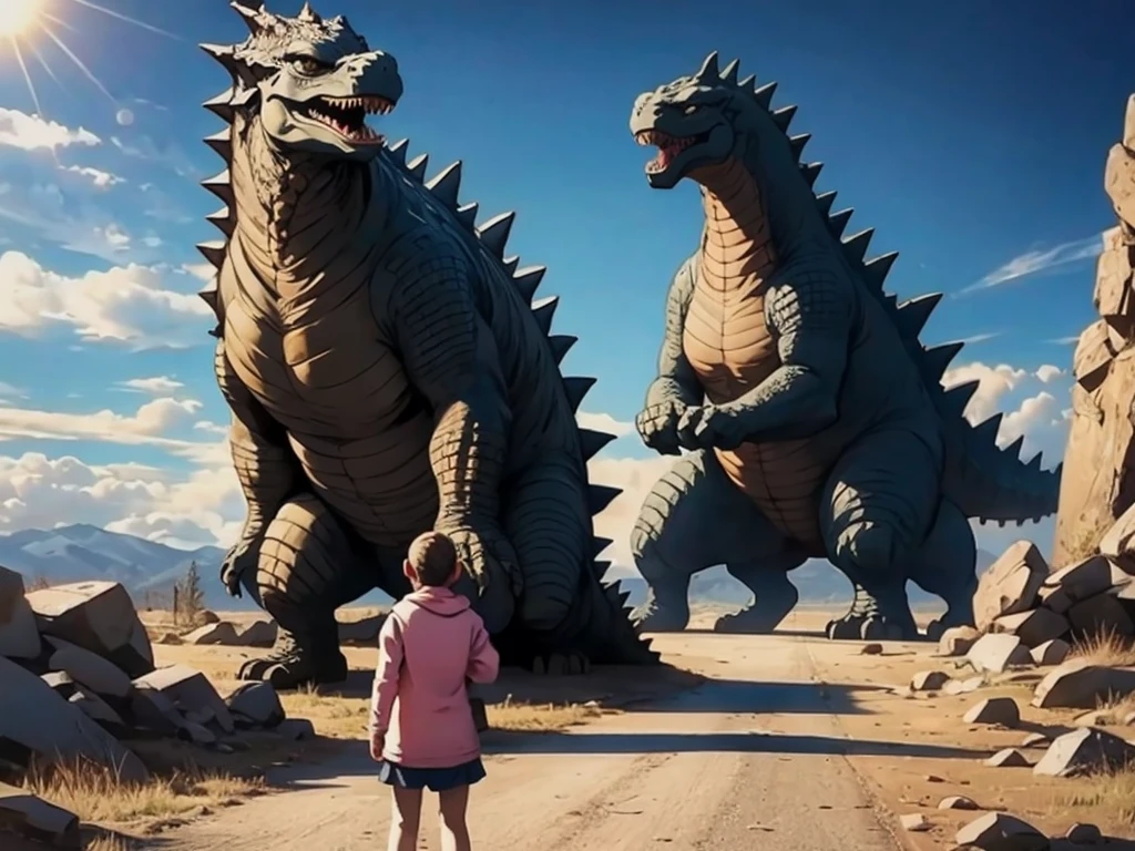 Godzilla saves a girl from aliens
