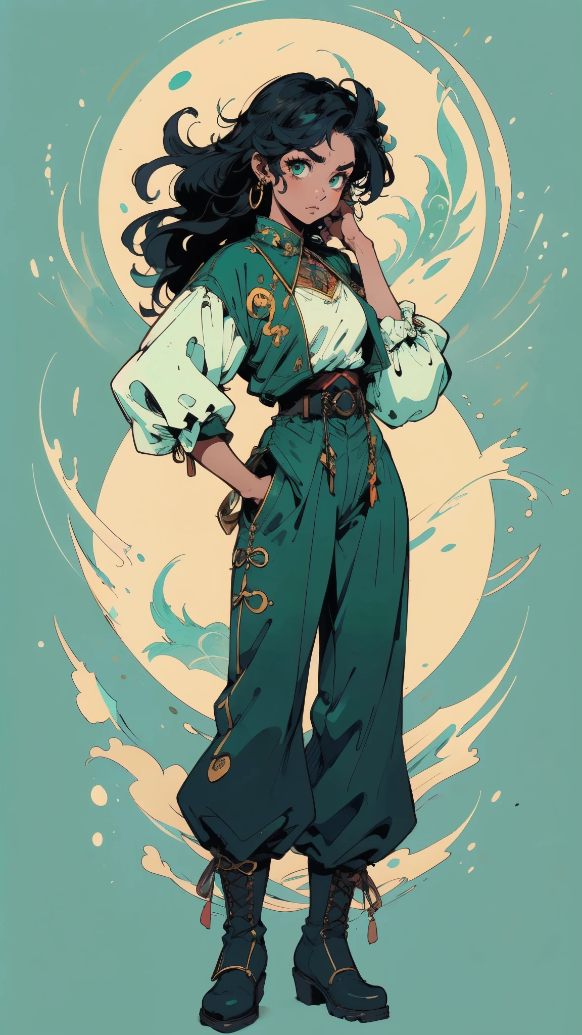 ((A young woman with flowing long dark blue hair, long side part bangs covering the right side of her face, sharp upward-arched thick eyebrows, large expressive eyes, a delicate oval face, a sensual wide mouth, a mocking expression, a fantasy martial arts-style emerald green short jacket with a blue undershirt, a high collar, rolled-up sleeves, matching fabric pants, a yellow waist belt, leather combat boots, one hand rests on her hip, surrounded by a cyan energy aura, standing in a fantasy style Chinese tavern)), this character embodies a finely crafted a fantasy martial arts heroine in anime style, exquisite and mature manga art style, pale skin, high definition, best quality, highres, ultra-detailed, ultra-fine painting, extremely delicate, professional, anatomically correct, symmetrical face, extremely detailed eyes and face, high quality eyes, creativity, RAW photo, UHD, 32k, Natural light, cinematic lighting, masterpiece-anatomy-perfect, masterpiece:1.5