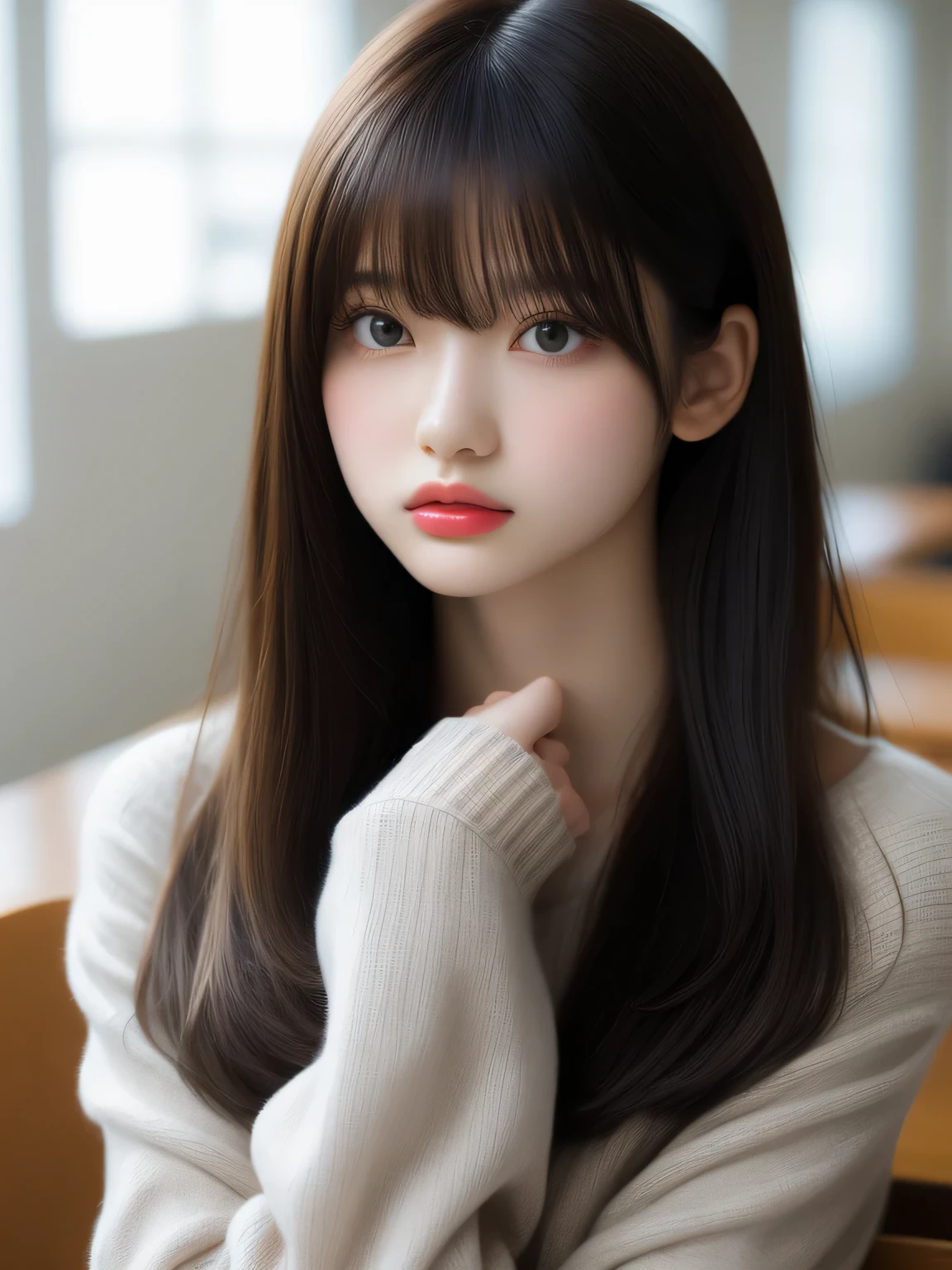 finely, High resolution, high quality、Perfect dynamic composition figure, detailed and beautiful eyes, medium hair, huge tit、natural color lip,Kamimei、Shibuya Ward、20 year old girl、1 person、transparent skin、shining hair、table top, 最high quality, figure, Super detailed, finely, High resolution, 8K、correct state of the human body、random pose、、sculpture model pose,hair blowing in the wind
