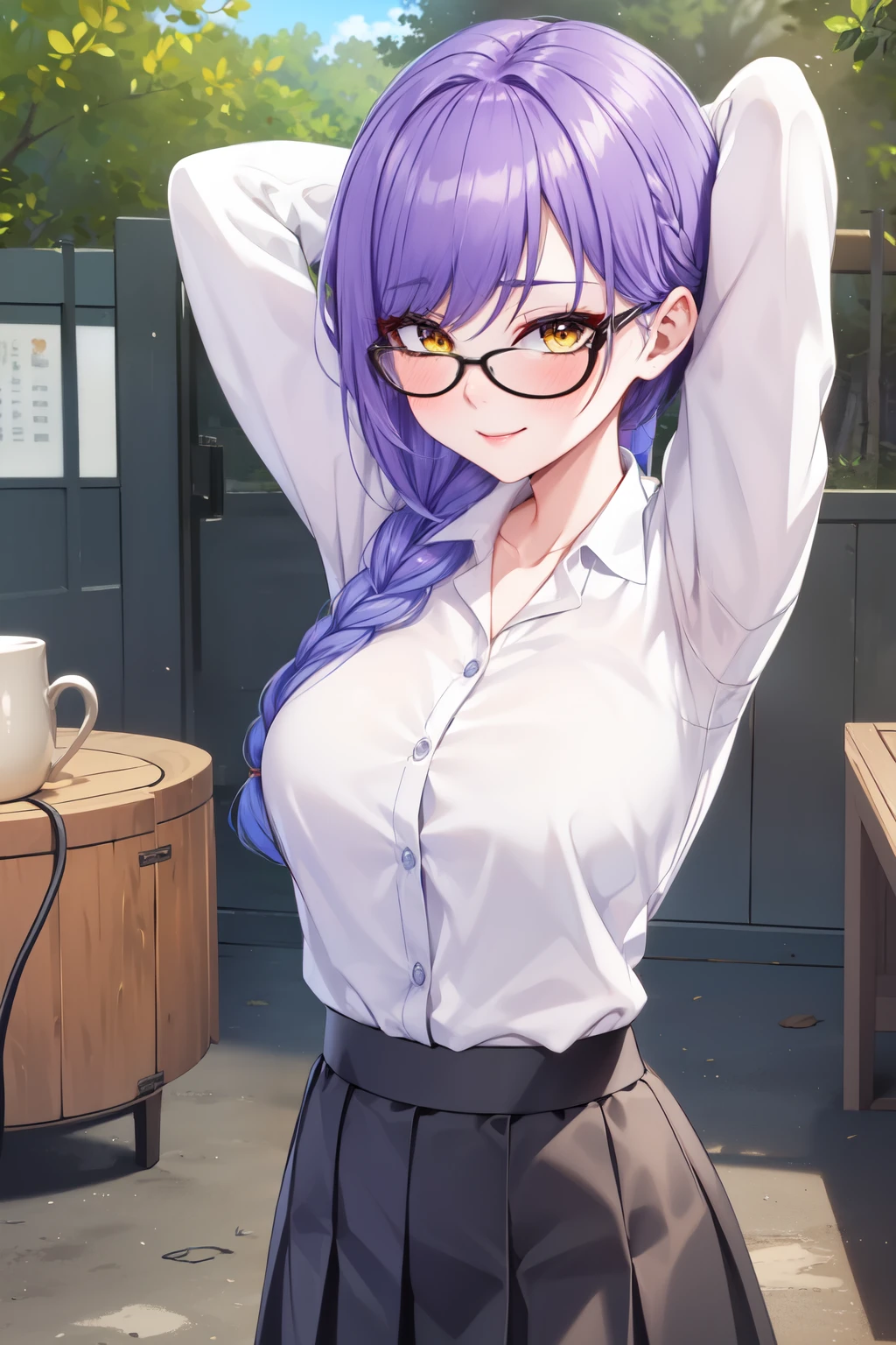 (masterpiece, best quality), MidzuiVT, yellow eyes, purple hair, long ponytail, (braided rope on the right side:1.2), glasses, white shirt, (black skirt:1.2), standing, (arms behind head:1.2), looking at viewer, seductive smile, naughty face, nose blush, forest, outdoors