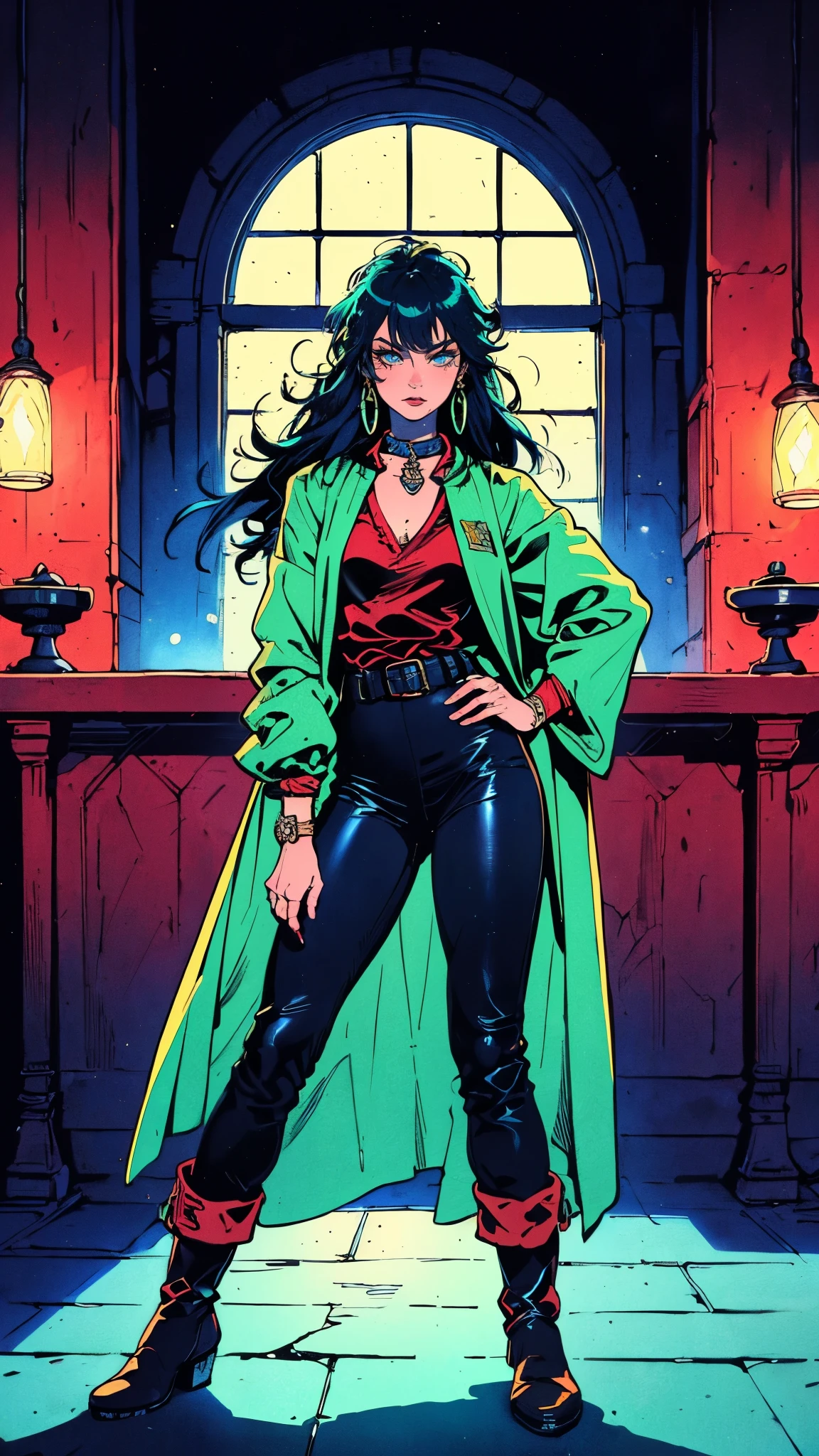 ((A young woman with flowing long dark blue hair, long side part bangs covering the right side of her face, sharp upward-arched thick eyebrows, large expressive eyes, a delicate oval face, a sensual wide mouth, a mocking expression, a fantasy martial arts-style emerald green short jacket with a blue undershirt, a high collar, rolled-up sleeves, matching fabric pants, a yellow waist belt, leather combat boots, one hand rests on her hip, surrounded by a cyan energy aura, standing in a fantasy style Chinese tavern)), this character embodies a finely crafted a fantasy martial arts heroine in anime style, exquisite and mature manga art style, pale skin, high definition, best quality, highres, ultra-detailed, ultra-fine painting, extremely delicate, professional, anatomically correct, symmetrical face, extremely detailed eyes and face, high quality eyes, creativity, RAW photo, UHD, 32k, Natural light, cinematic lighting, masterpiece-anatomy-perfect, masterpiece:1.5
