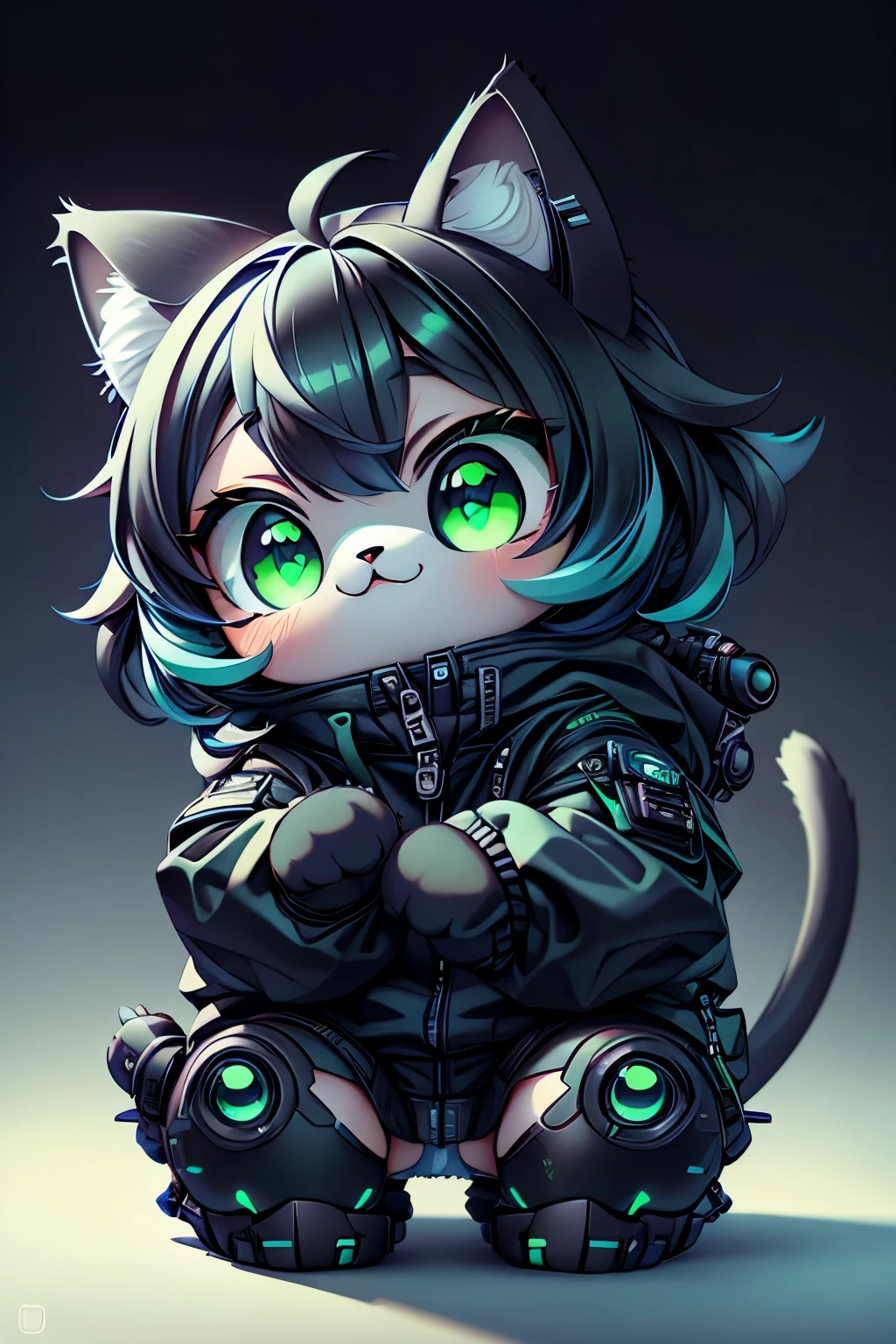 a MINI cute hyperrealistic futuristic MECHANIC cat wearing BLACK jacket. blue skin. Cinematic, hyper detailed, white GRADIENT background , highly detailed, zoomed out, green eyes
