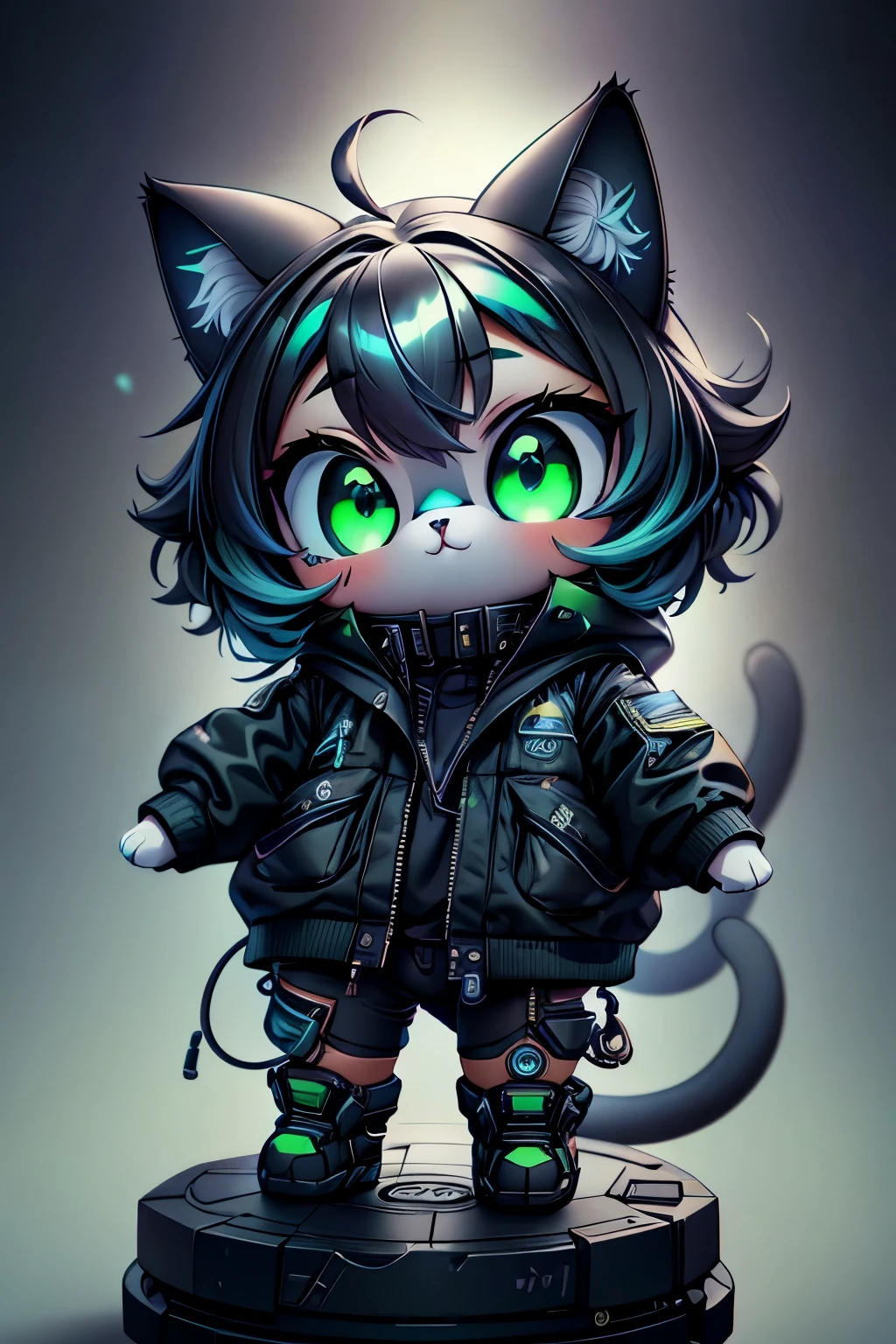 a MINI cute hyperrealistic futuristic MECHANIC cat wearing BLACK jacket. blue skin. Cinematic, hyper detailed, white GRADIENT background , highly detailed, zoomed out, green eyes
